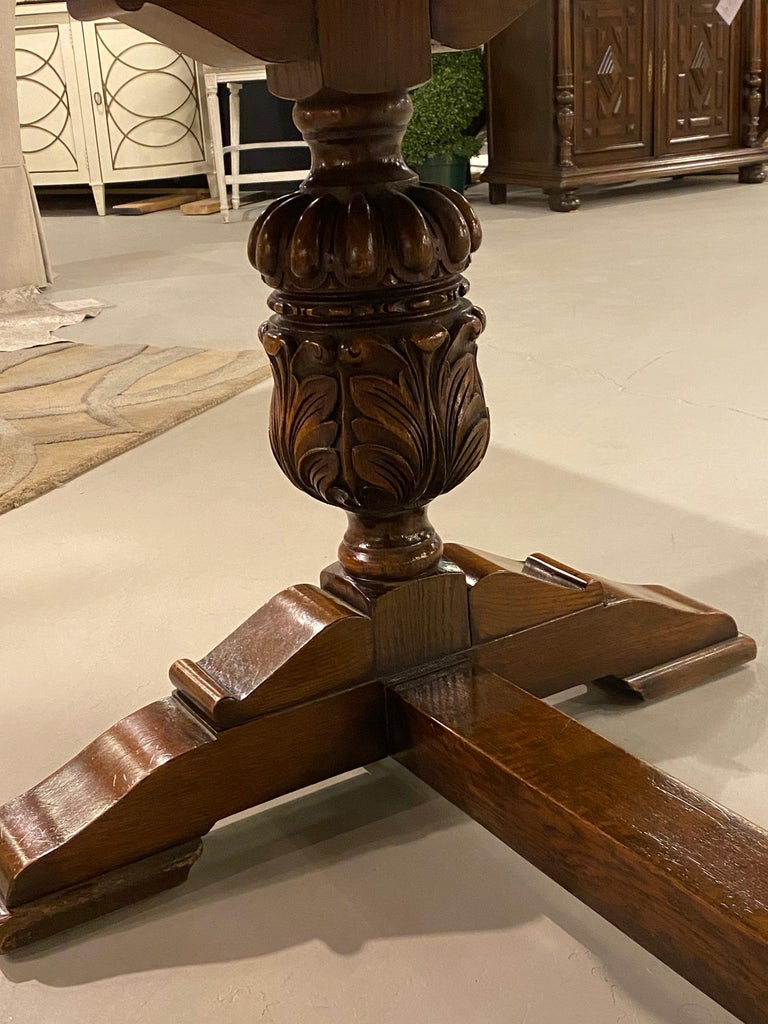 Refectory Trestle Table English Solid Oak, Tudor Style with Carved
