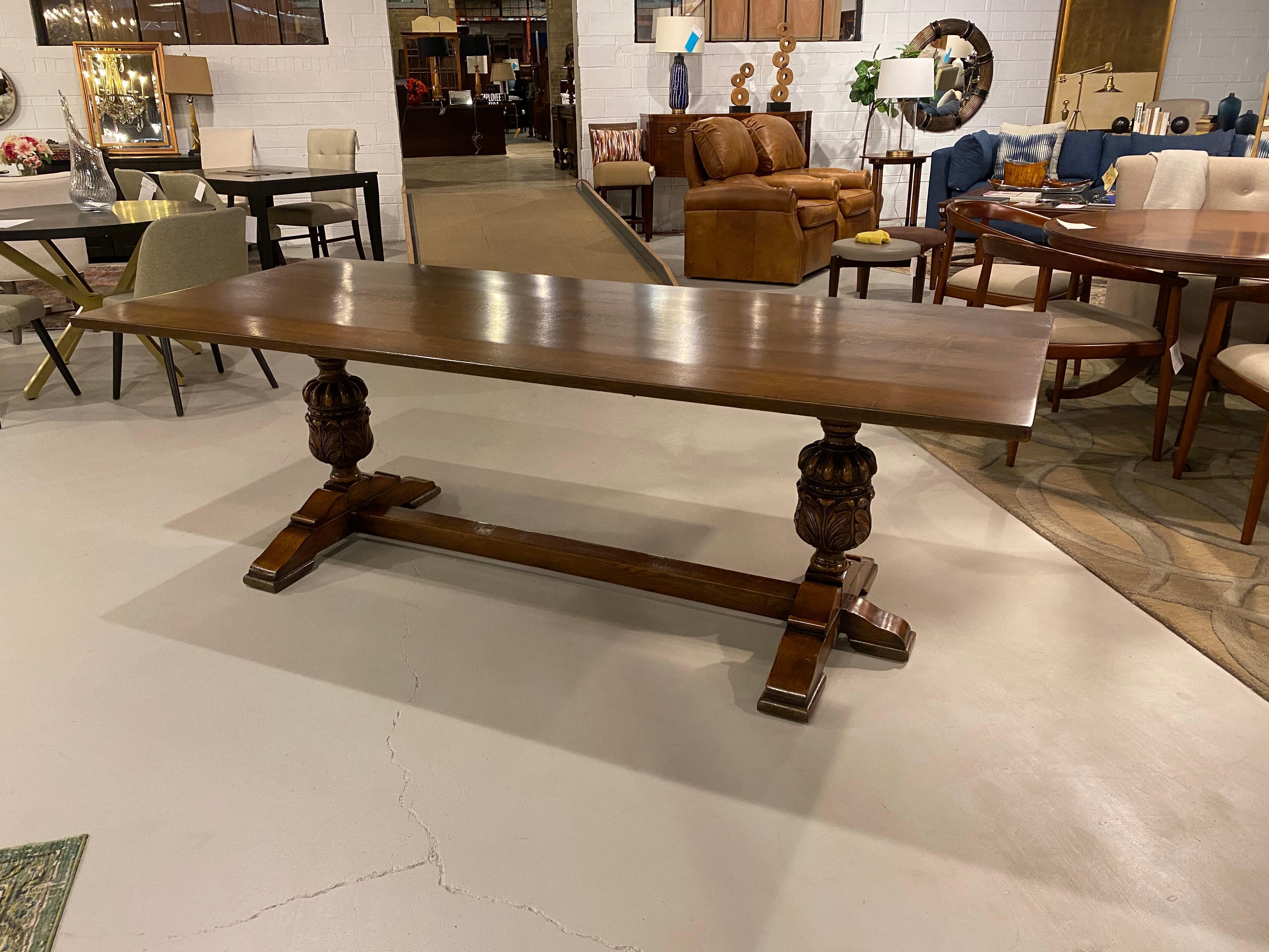 Refectory Trestle Table English Solid Oak, Tudor Style with Carved Pillars 7