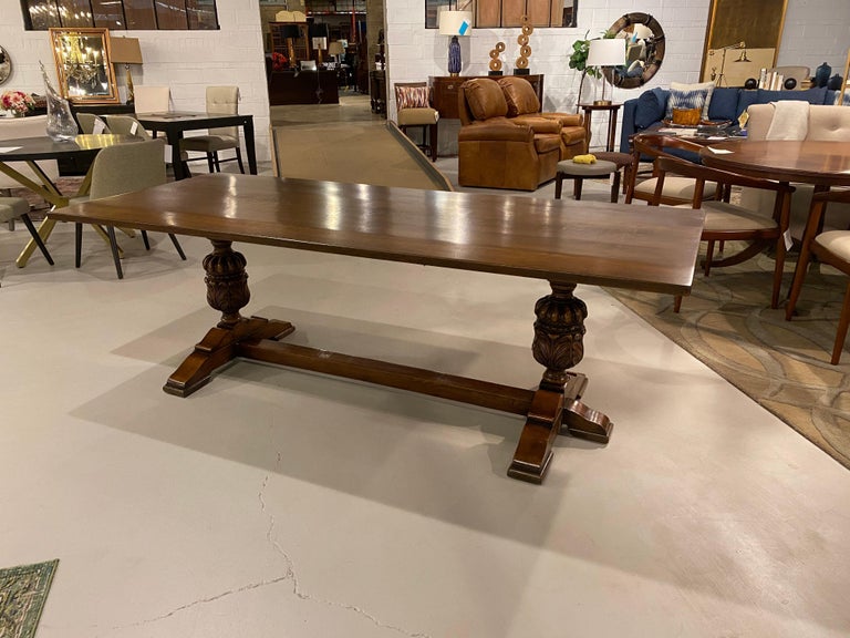 Refectory Trestle Table English Solid Oak, Tudor Style with Carved