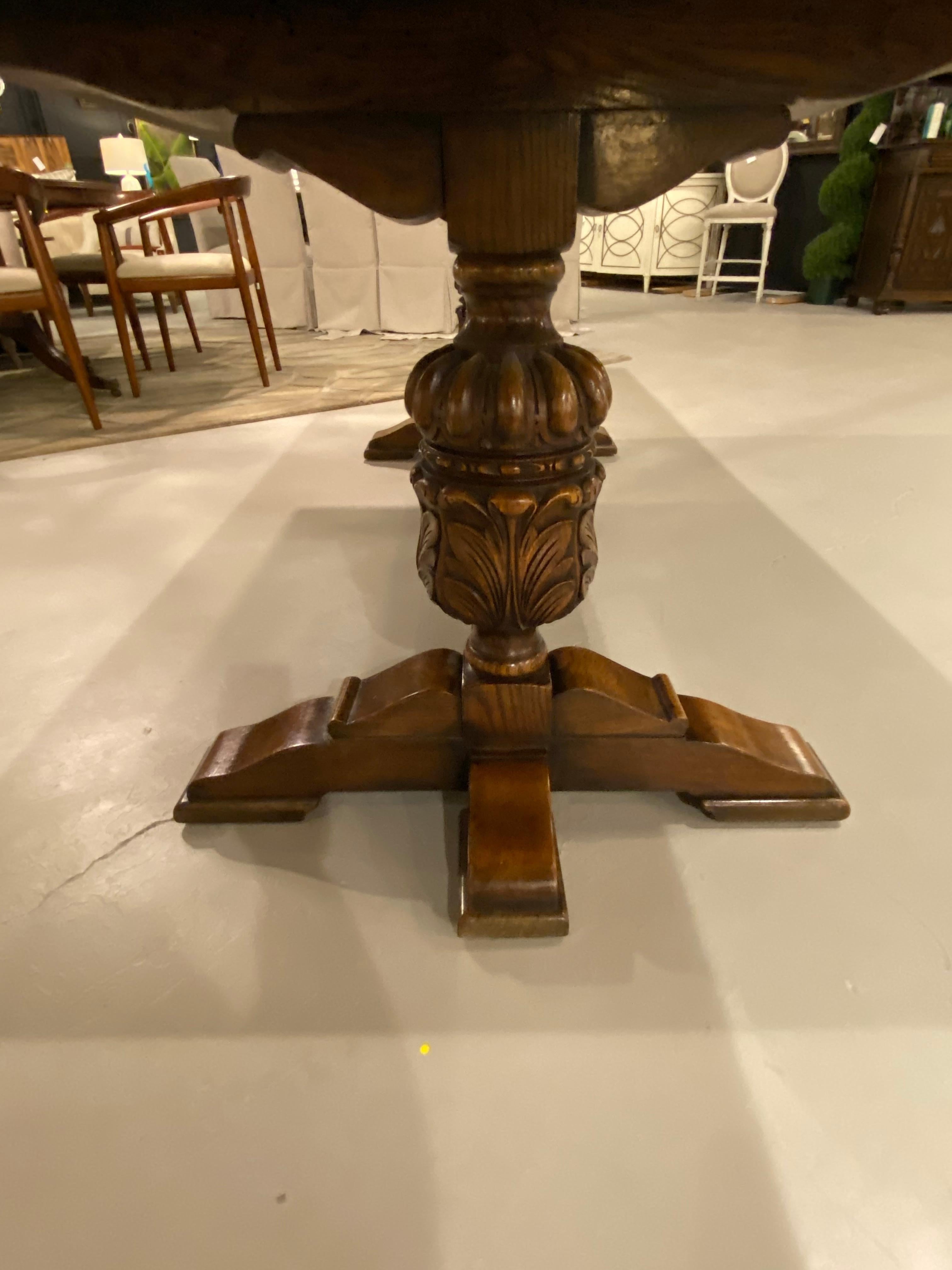 Refectory Trestle Table English Solid Oak, Tudor Style with Carved Pillars 8