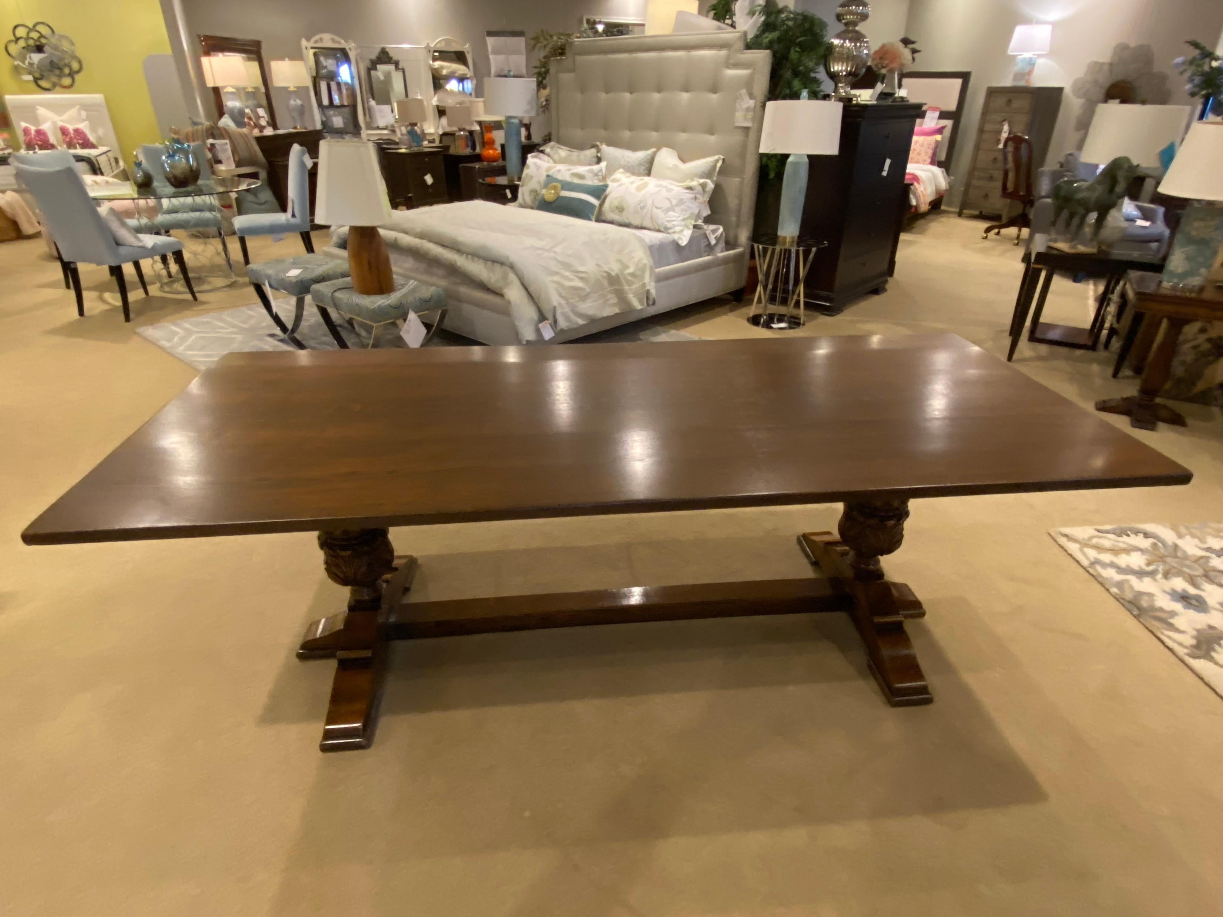 Refectory Trestle Table English Solid Oak, Tudor Style with Carved Pillars In Good Condition In Toronto, CA