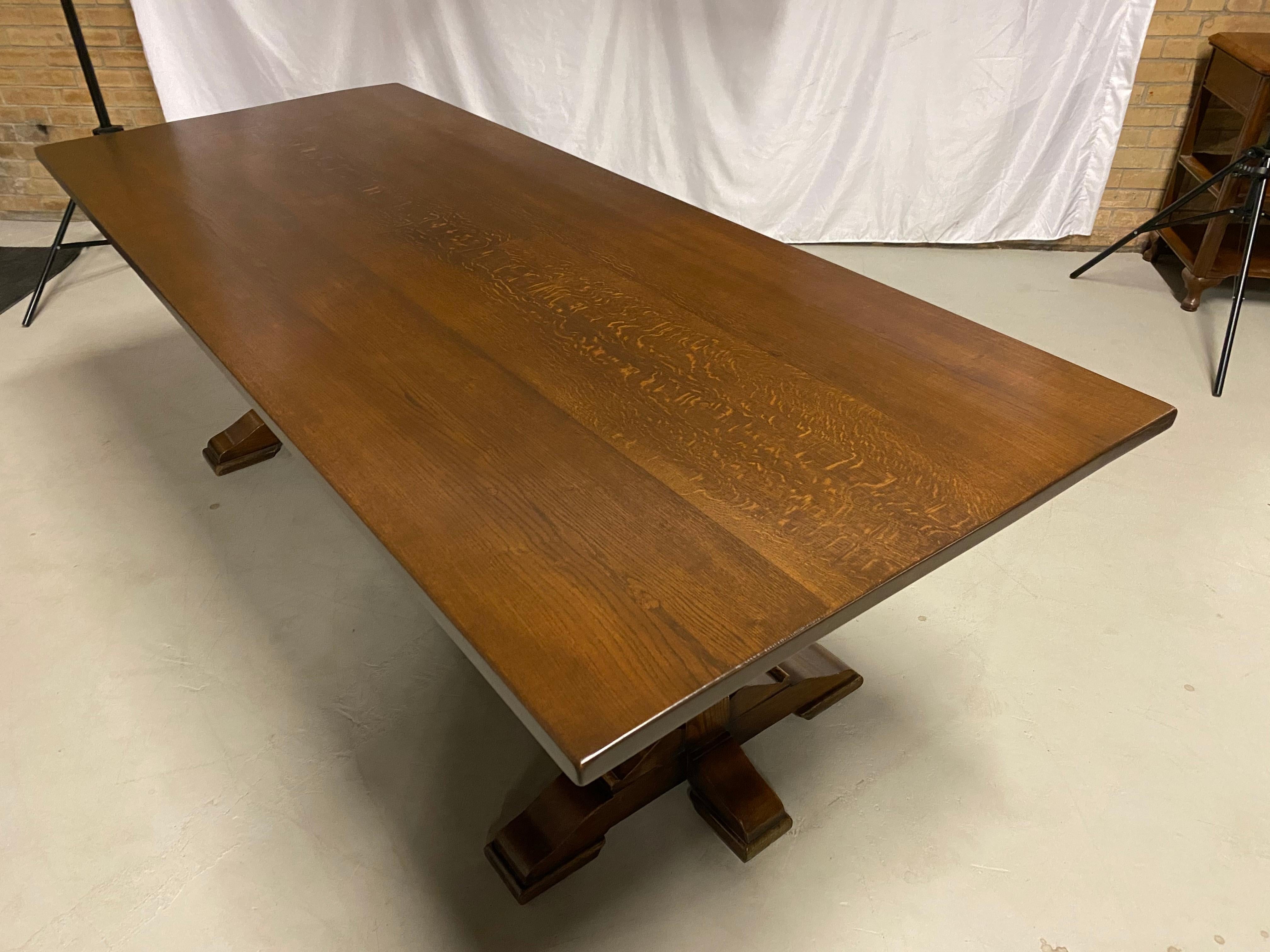 20th Century Refectory Trestle Table English Solid Oak, Tudor Style with Carved Pillars