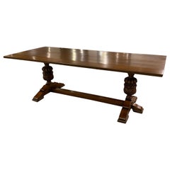 Vintage Refectory Trestle Table English Solid Oak, Tudor Style with Carved Pillars