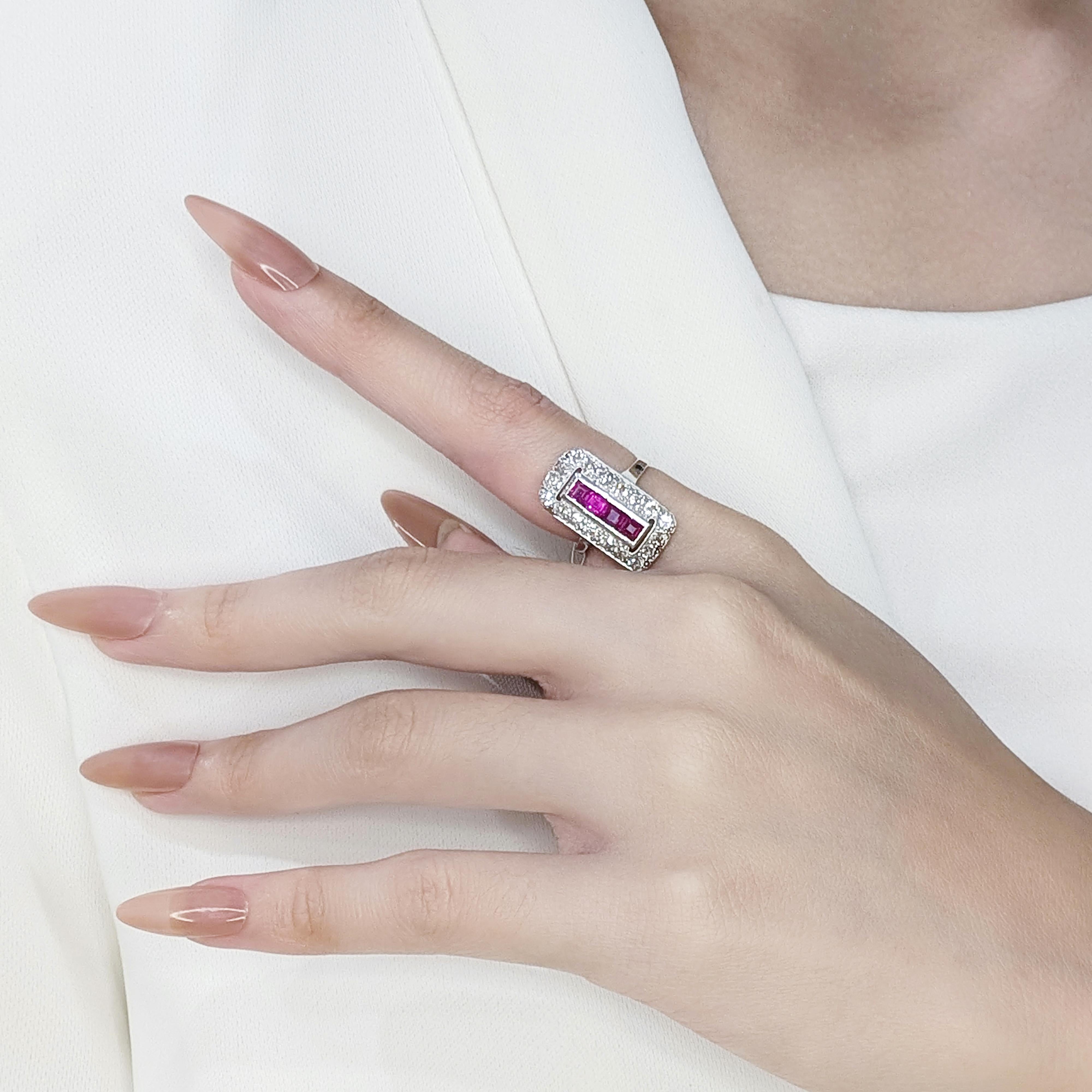 Ring aus Platin mit raffiniertem 0,94 Karat Rubin und natürlichen Diamanten im Angebot 3