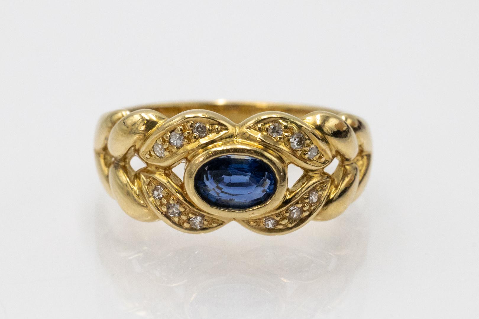 Anillo de oro refinado de 18 quilates con zafiros y diamantes, Francia. en Bueno Estado en Chorzów, PL