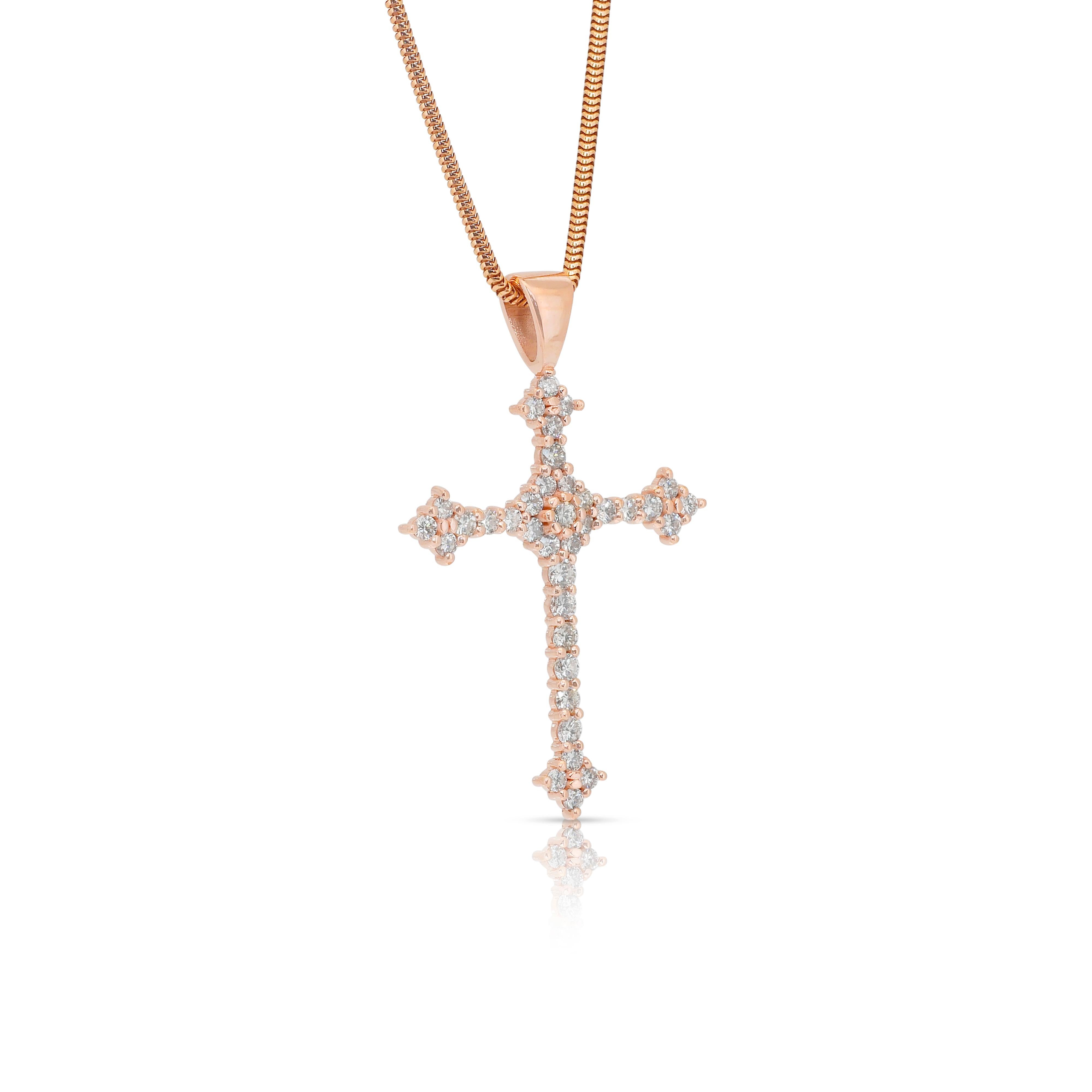 Round Cut Refined 1.90ct Diamonds Necklace with Cross Pendant in 14k Rose Gold For Sale