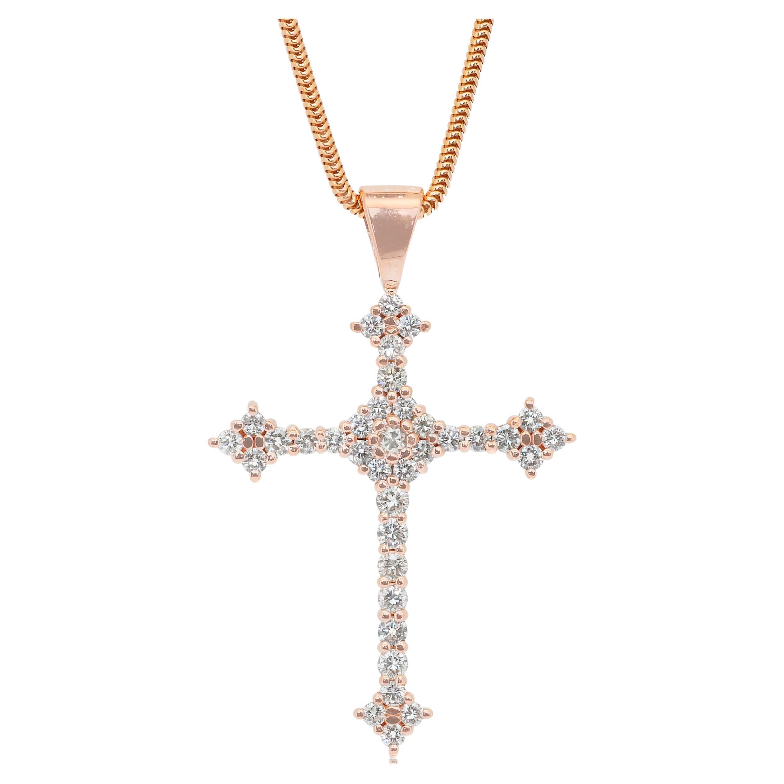 Refined 1.90ct Diamonds Necklace with Cross Pendant in 14k Rose Gold For Sale