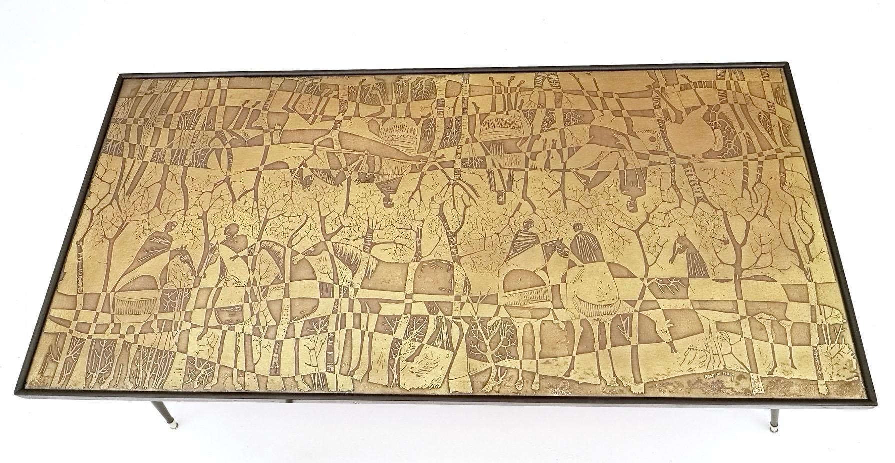 Elegant Vintage Rectangular Etched Brass Coffee Table by G.Urs, Italy For Sale 1