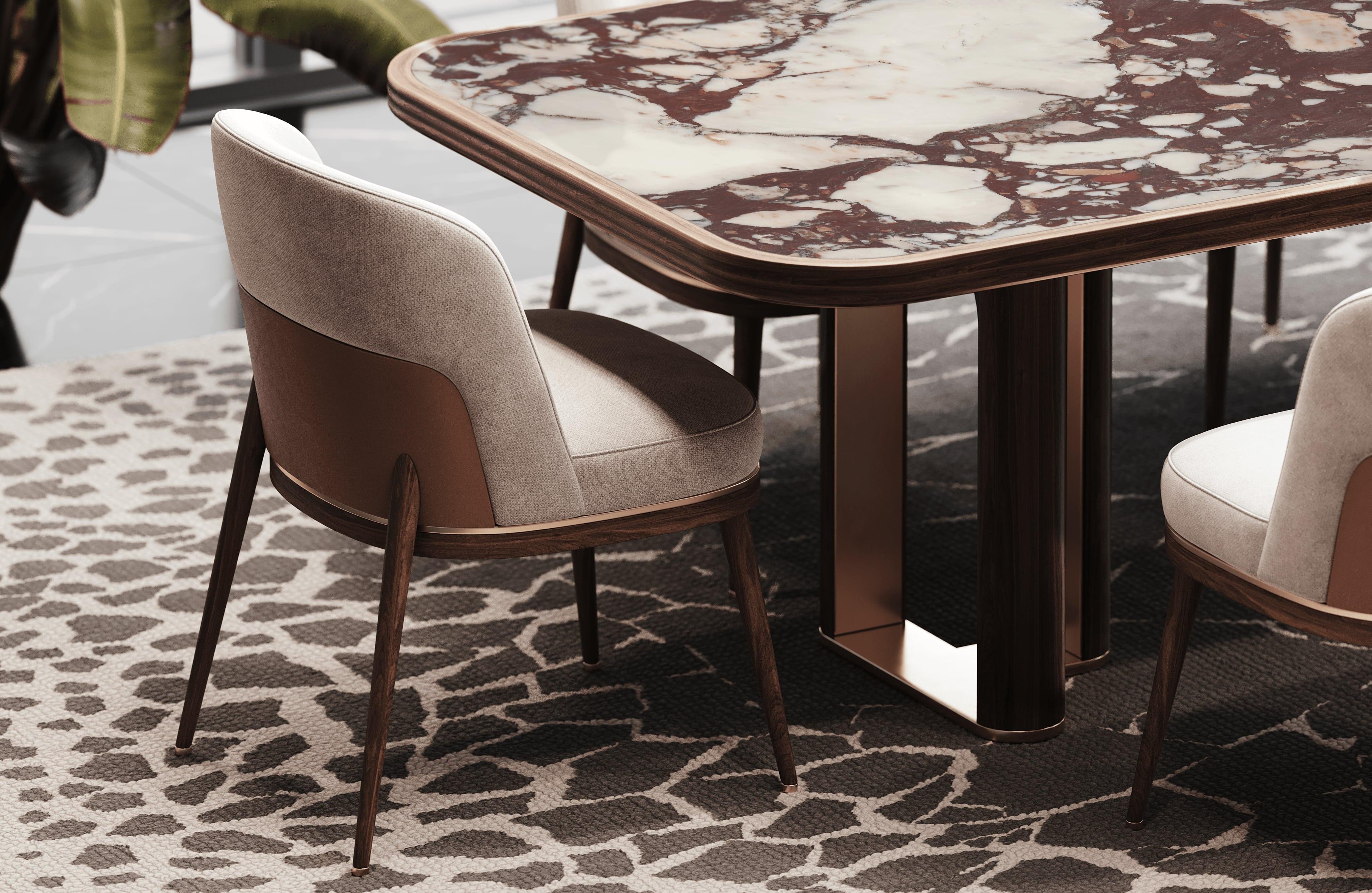 The Aria dining chair is a celebration of graceful design and refined comfort, perfectly suited for both intimate dinners and grand gatherings. Its elegantly curved backrest and slender legs create a harmonious blend of form and function, adding a