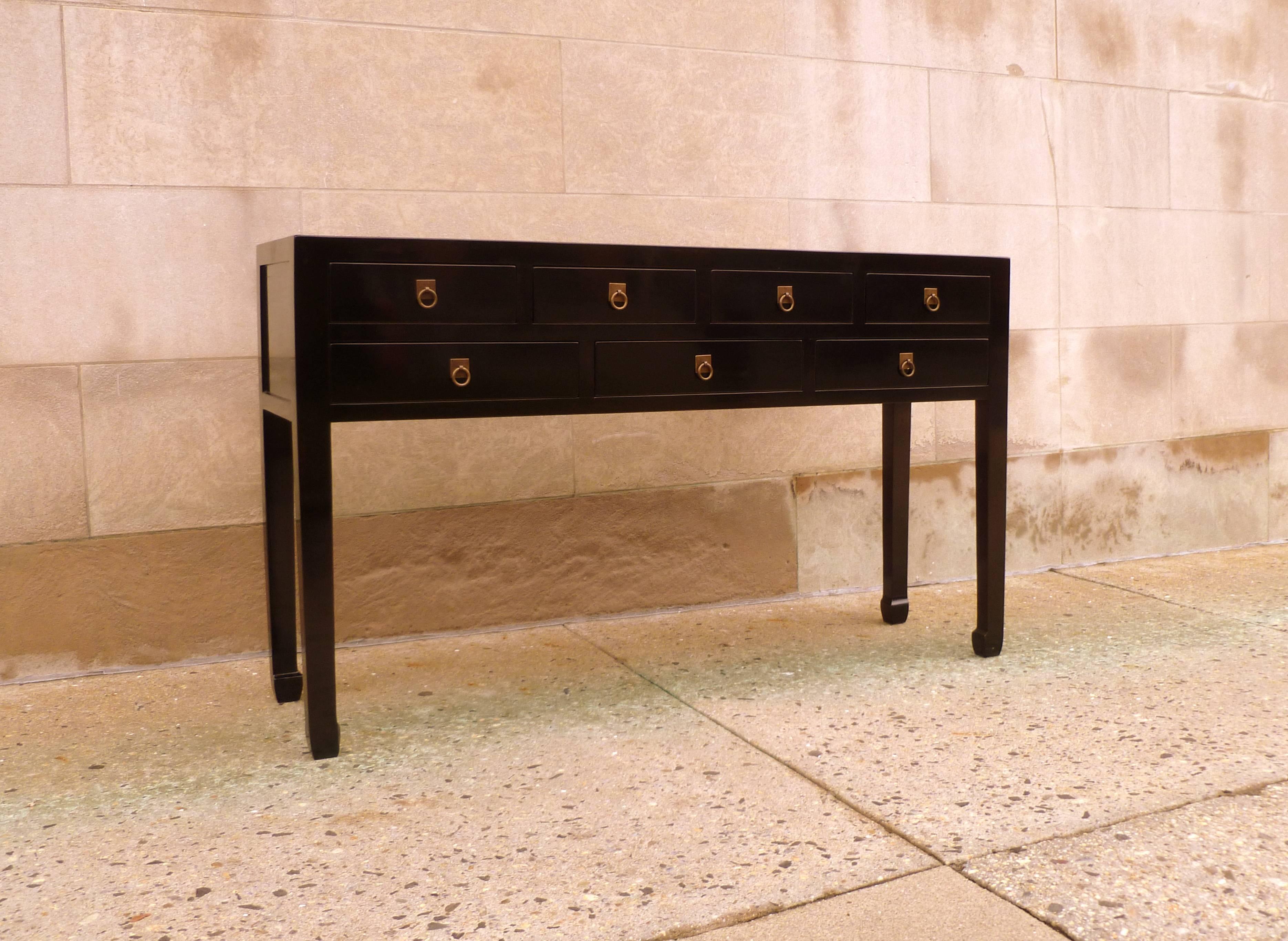 Polished Refined Black Lacquer Console Table with Drawers