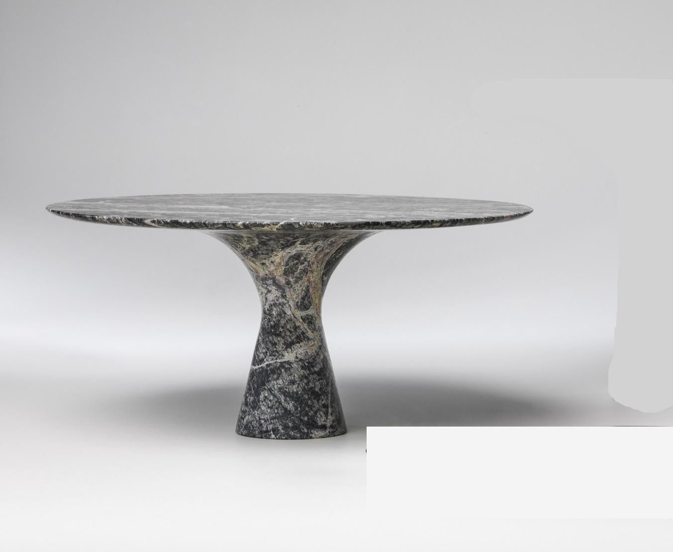 Refined Contemporary Marble 02 Picasso green marble cake stand
Signed by Leo Aerts.
Dimensions: Diameter 32 x Height 15 cm 
Material: Picasso Green Marble
Technique: Polished, Carved. 
Available in Marble: Kyknos, Bianco Statuarietto, Grey