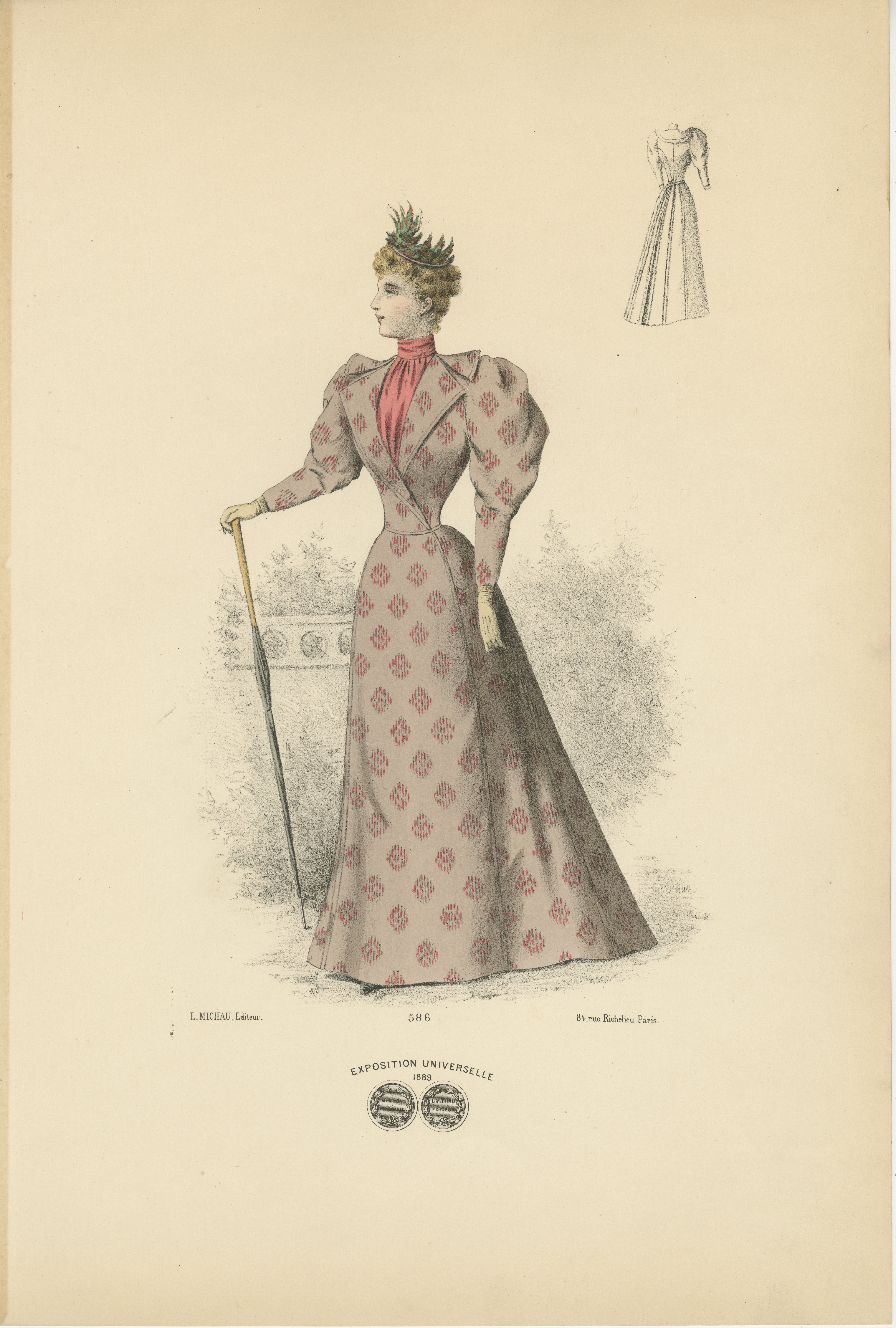 Questa litografia raffigura una donna vestita alla moda del 1889, che incarna lo stile della tarda epoca vittoriana. La donna è raffigurata con un abito sartoriale con collo alto e maniche a sbuffo, indicativo della moda strutturata ed elegante
