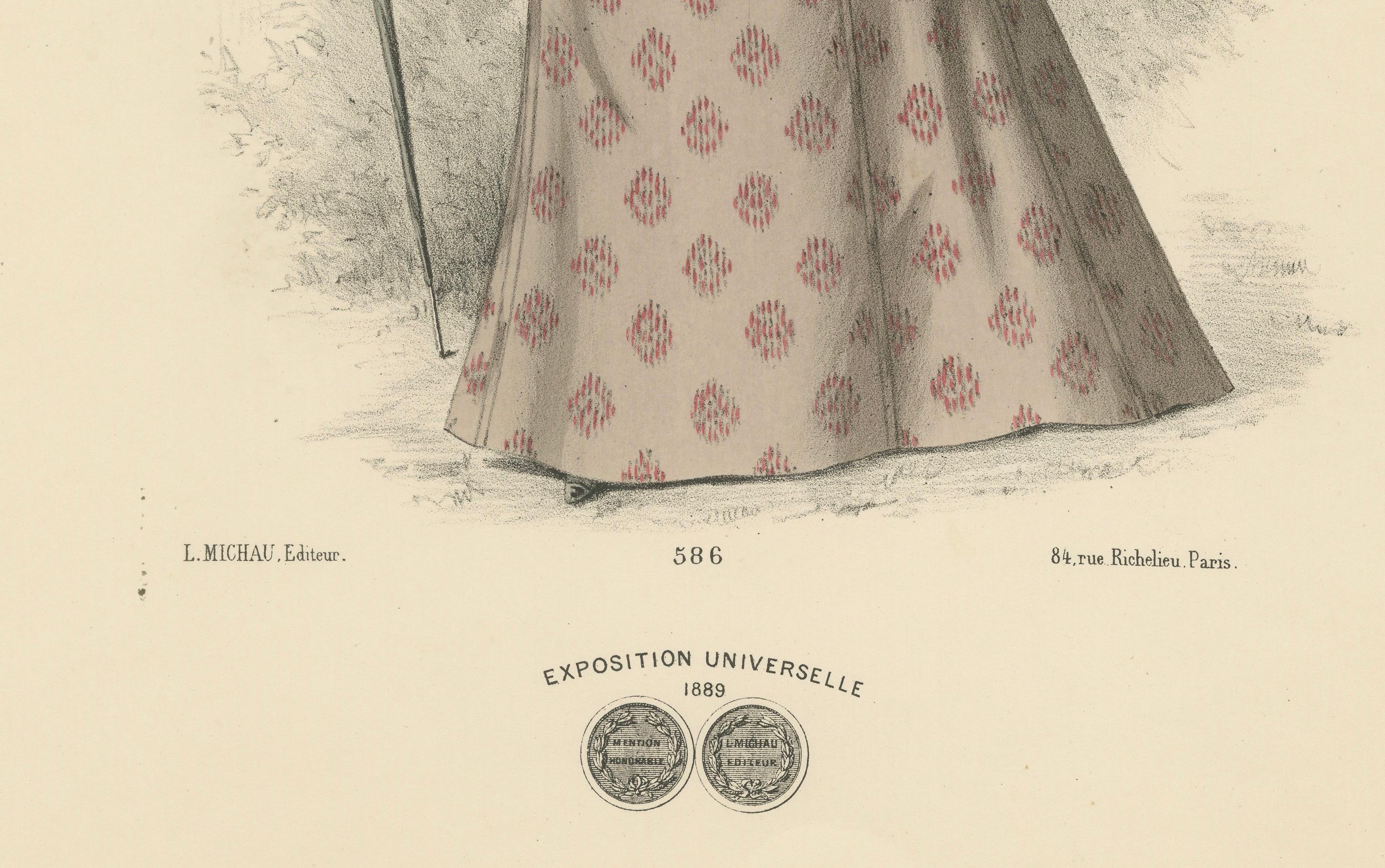 Eleganza raffinata: litografia di moda del 1889 di Michau, l'Esposizione Universale In condizioni buone in vendita a Langweer, NL