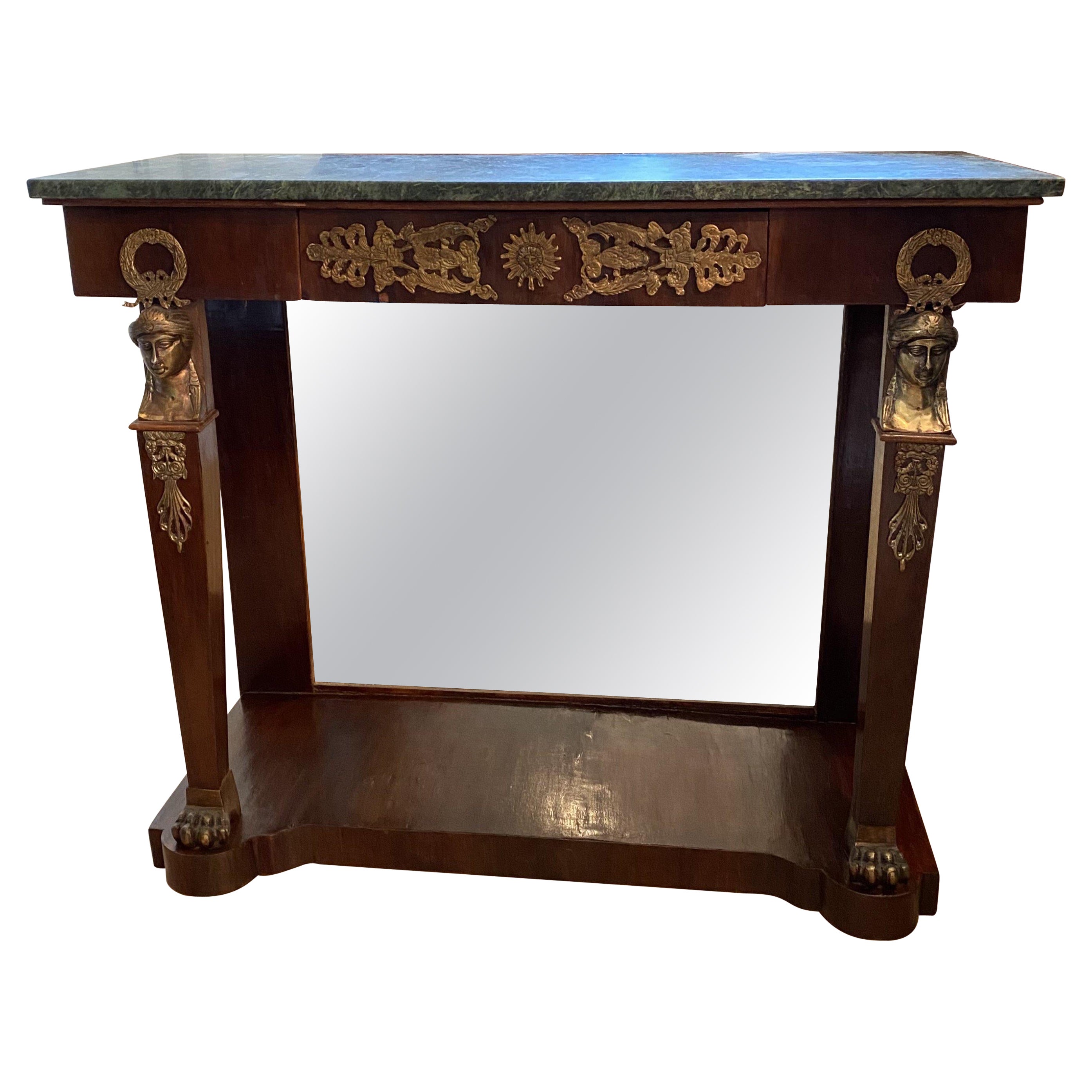 Refined French Green Marble Top Neoclassical Mahogany Console Table