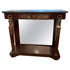 Refined French Green Marble Top Neoclassical Mahogany Console Table