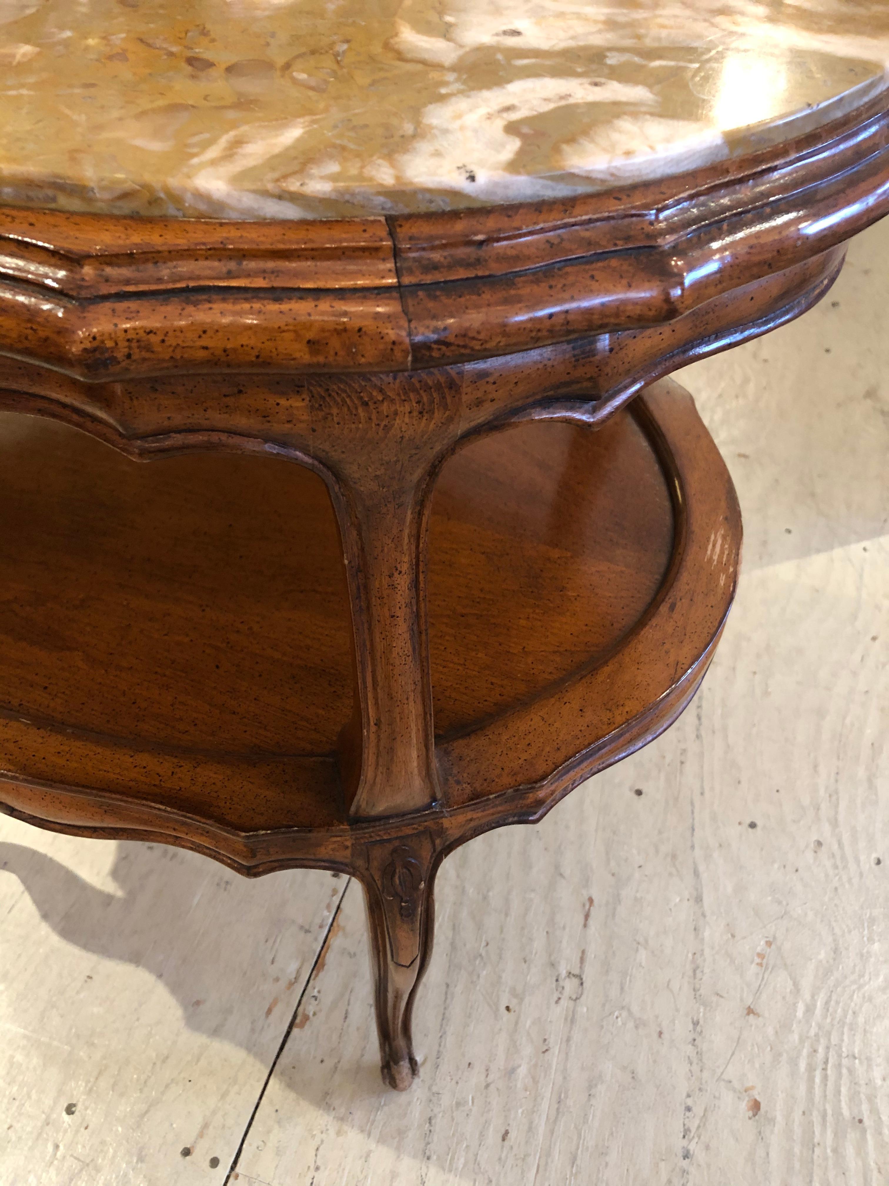 Refined French Provincial Style Marble Inset Two-Tier Fruitwood Oval Side Table For Sale 5