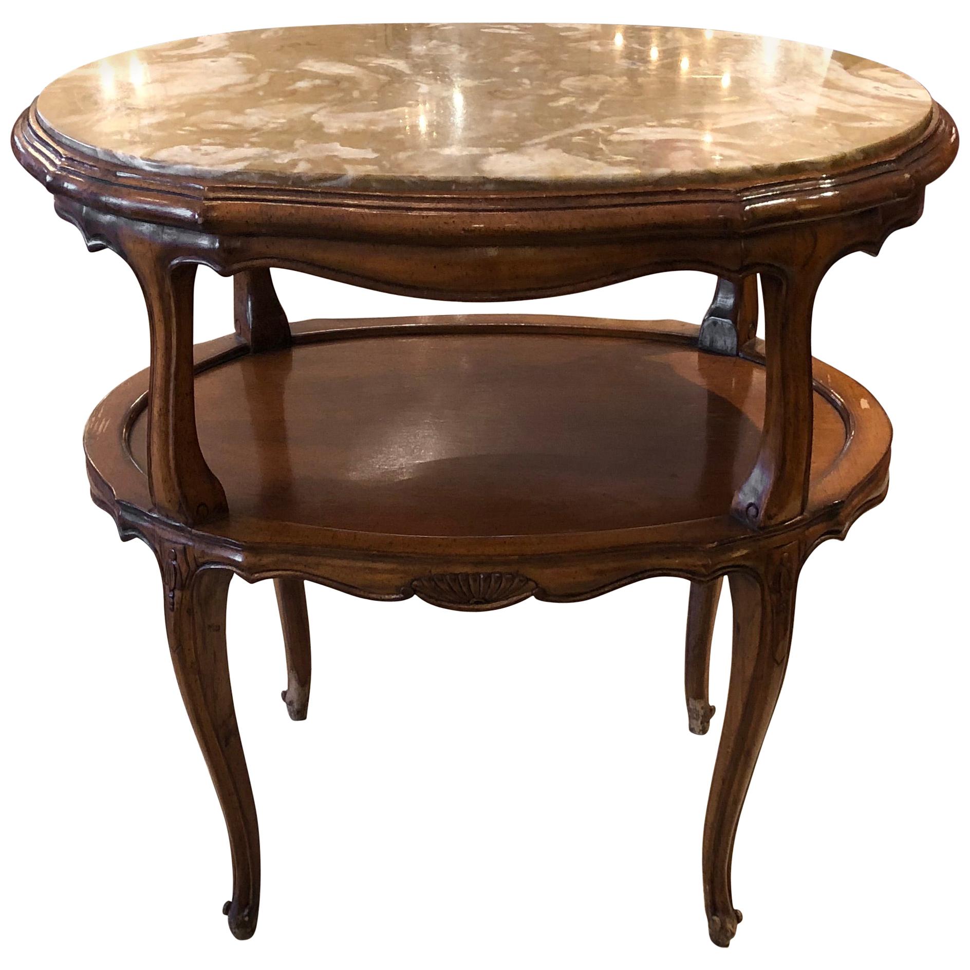 Refined French Provincial Style Marble Inset Two-Tier Fruitwood Oval Side Table