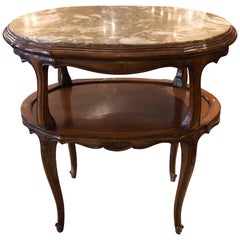 Retro Refined French Provincial Style Marble Inset Two-Tier Fruitwood Oval Side Table