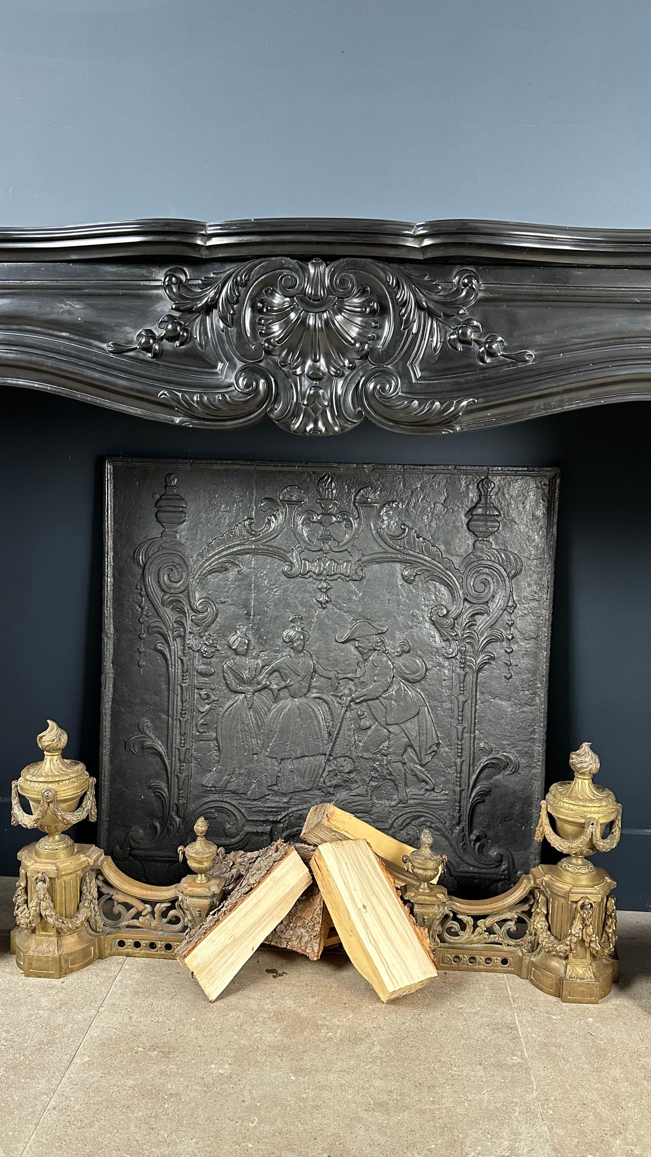 Refined Louis XV Style: Antique Marble Front Fireplace in Noir de Mazy Marble For Sale 11