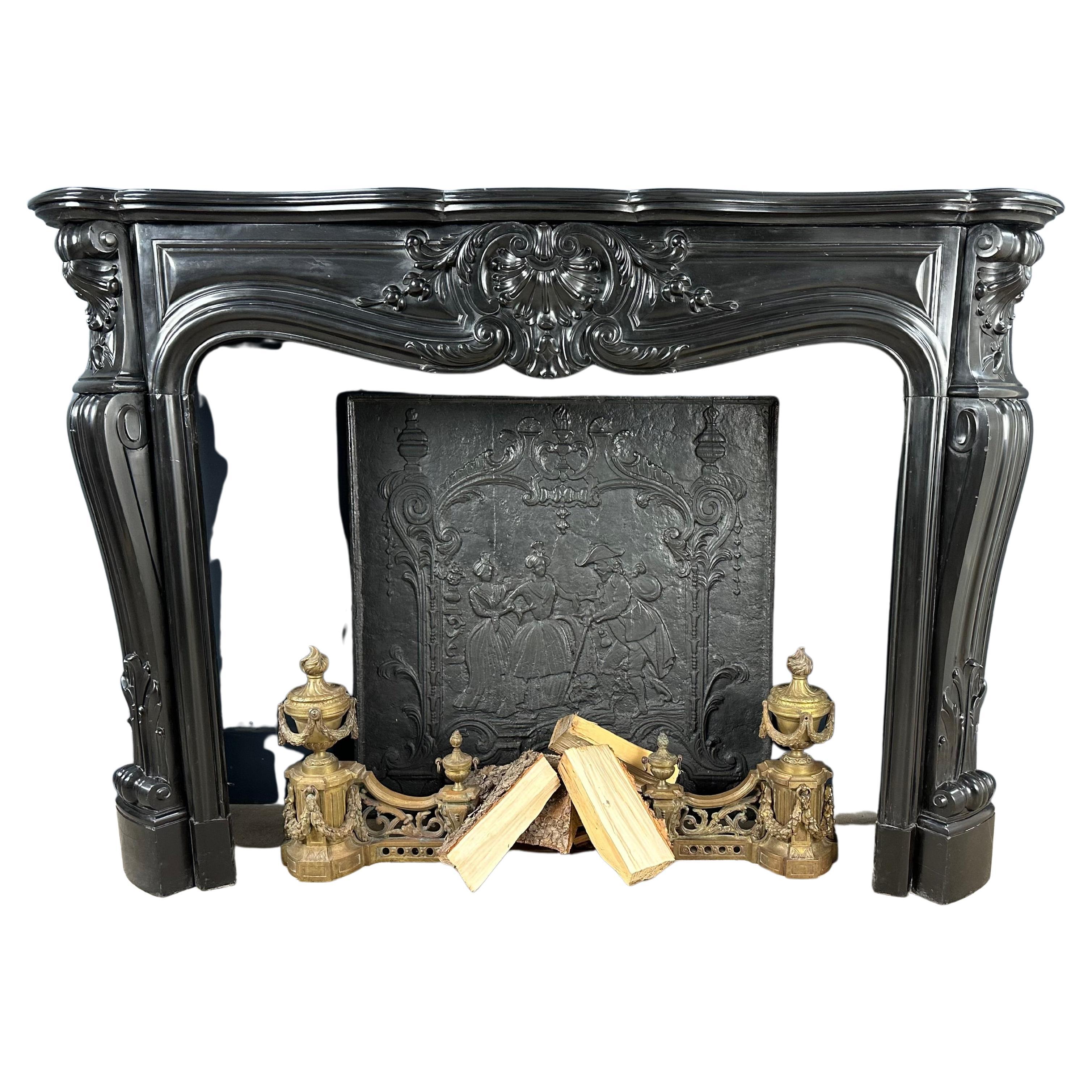 Refined Louis XV Style: Antique Marble Front Fireplace in Noir de Mazy Marble For Sale