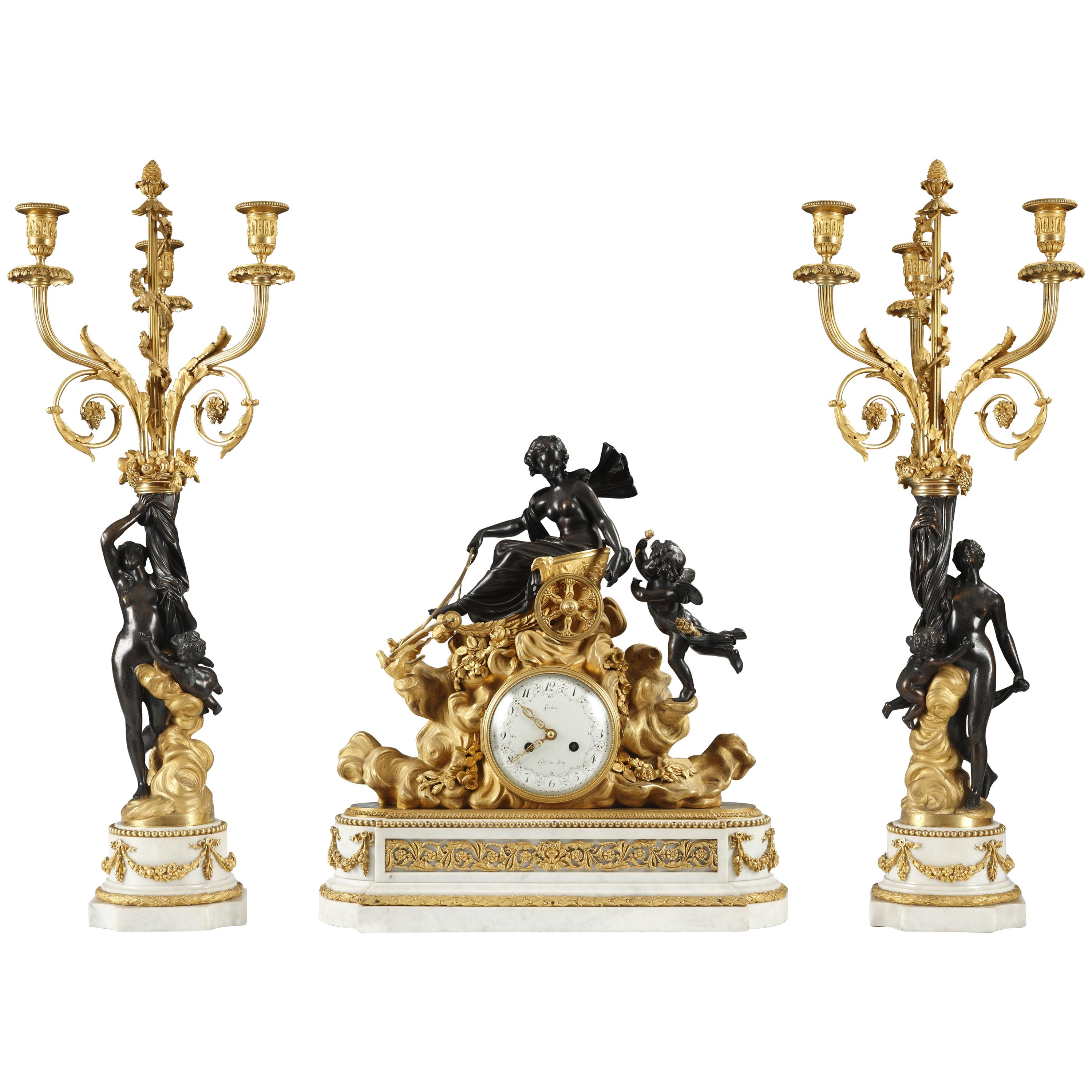 Refined Louis XVI Style "Venus" Mantel Clock Set by Robin, Hgr du Roy