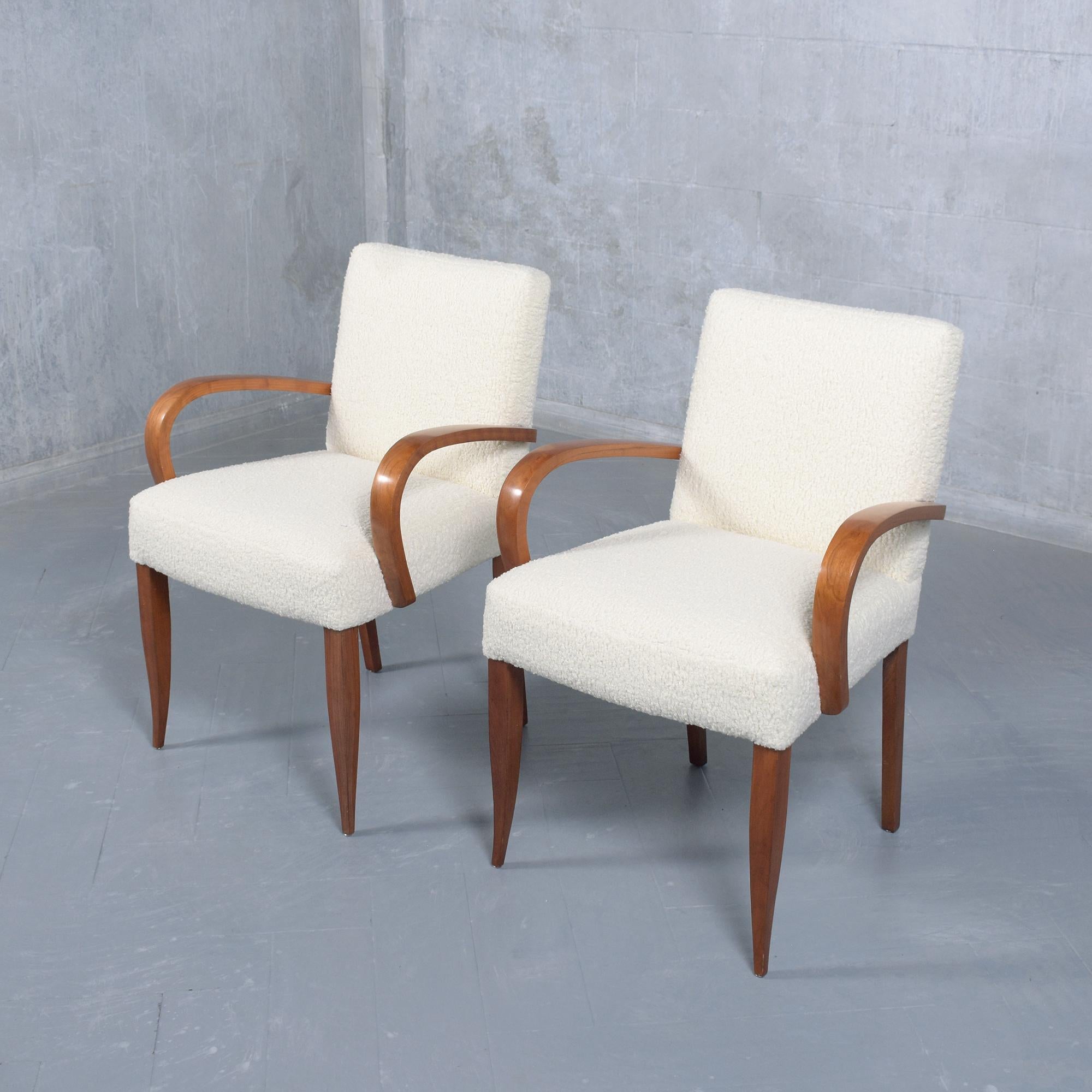 Carved Pair of Mid-Century Modern Walnut Armchairs: Refined Elegance & Comfort For Sale