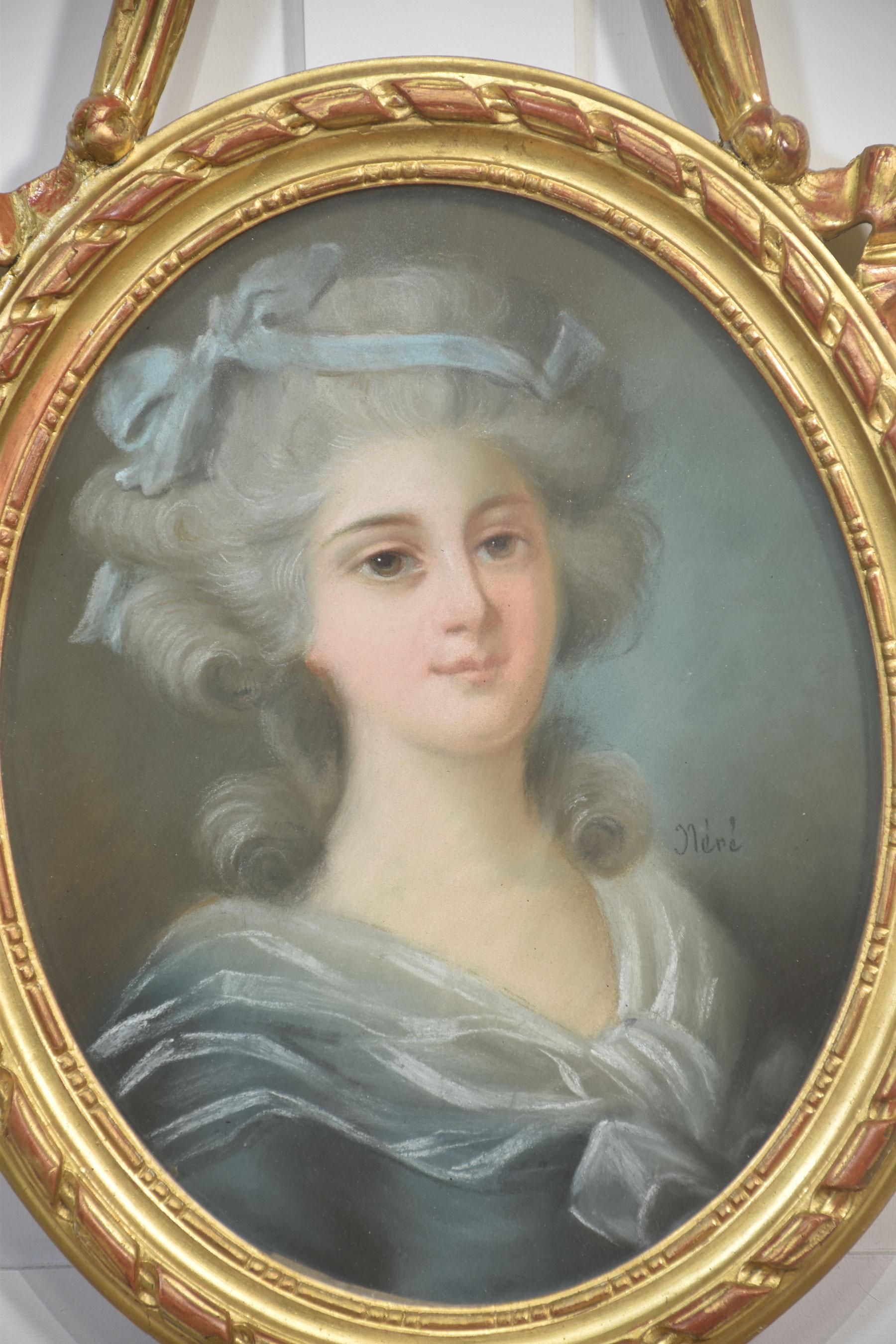 Raffiniertes Paar französischer Pastellporträts aus dem 19. Jahrhundert in Rahmen im Louis-XVI-Stil (Vergoldetes Holz) im Angebot