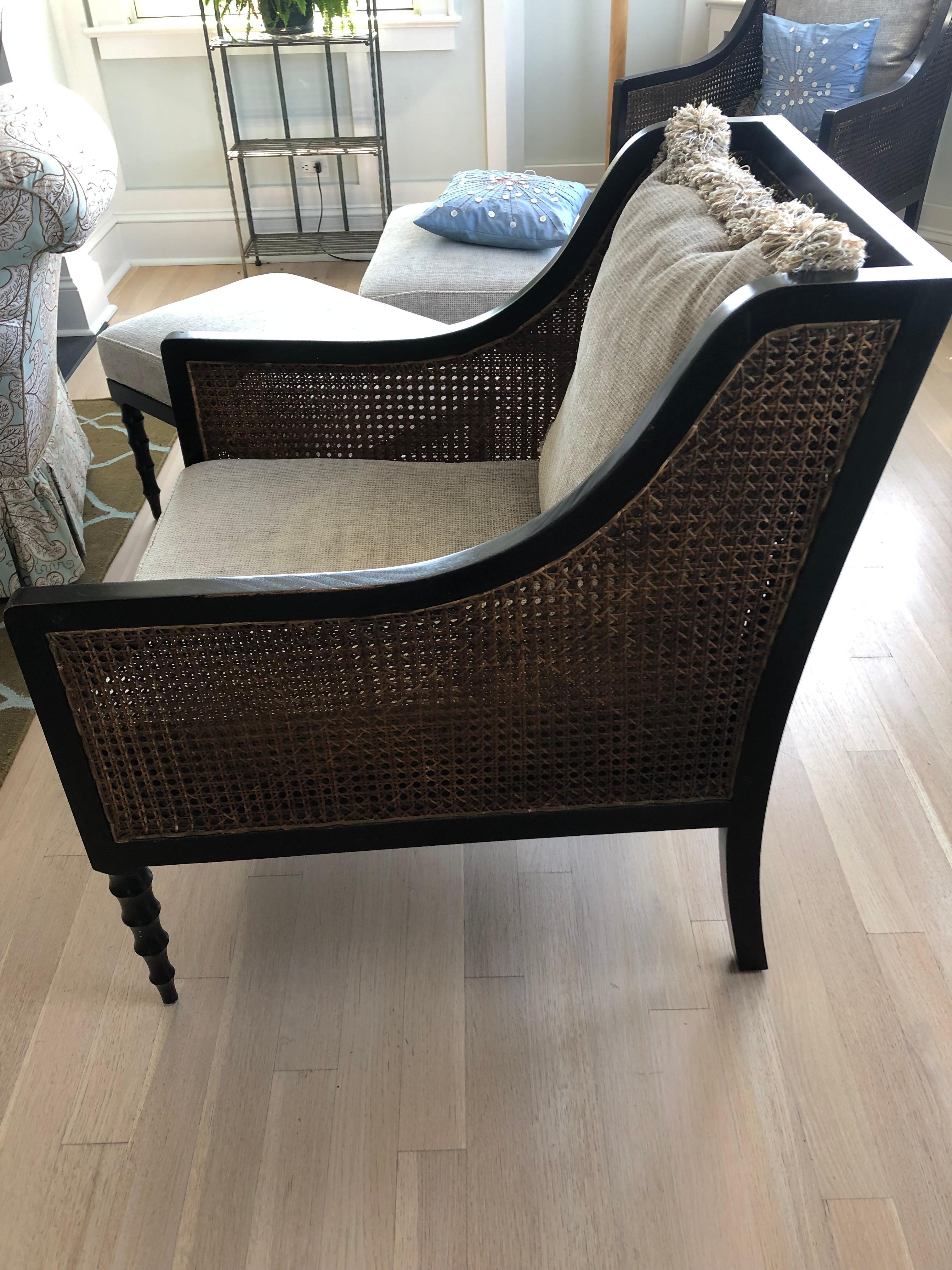 Refined Pair of Ebonized Double Caned Upholstered Club Chairs and Ottomans In Good Condition In Hopewell, NJ