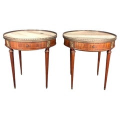 Refined Pair of French Mahogany Bouillotte Tables with Marble Tops