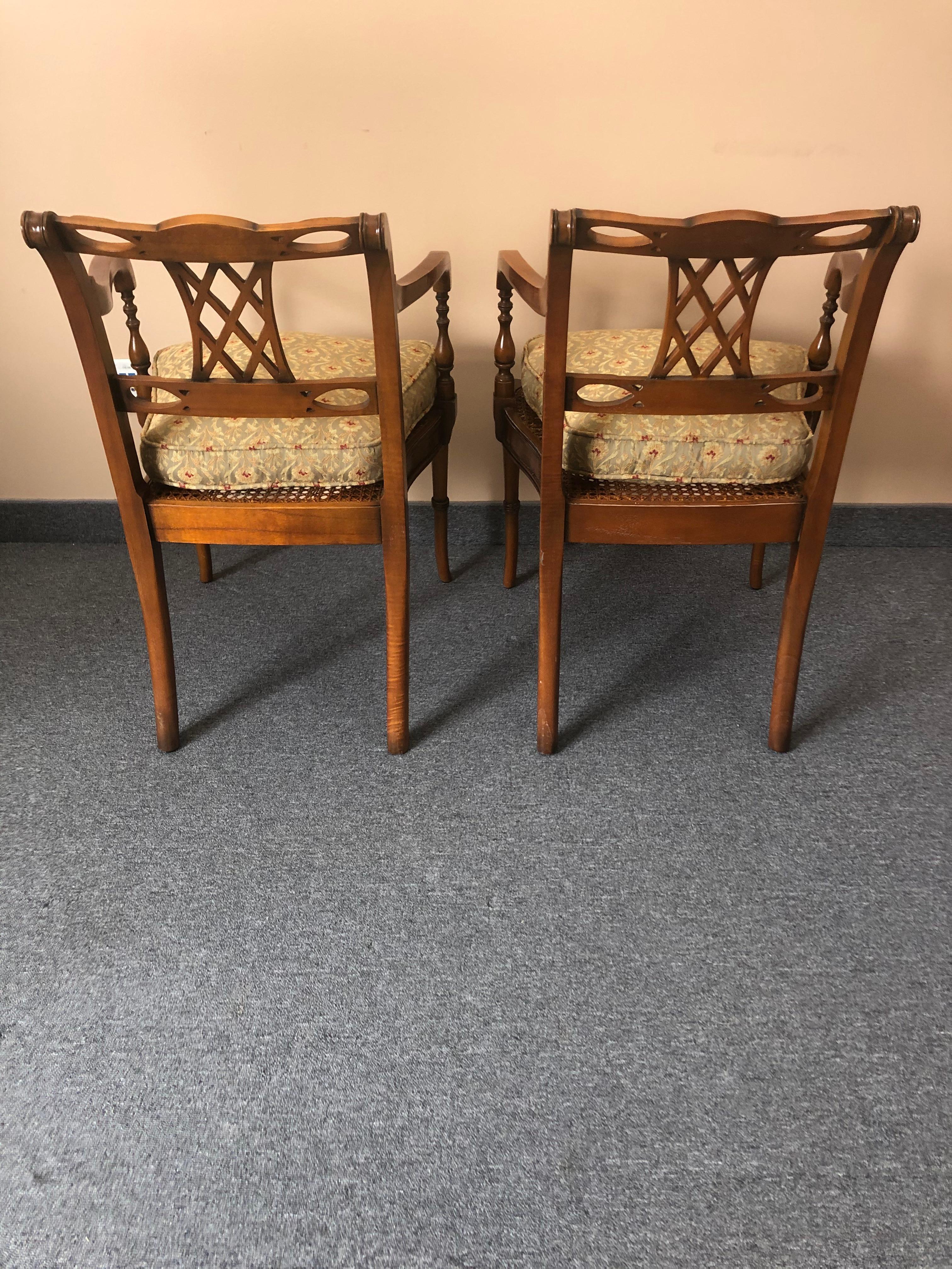 Philippine Refined Pair of Maitland Smith Mahogany Armchairs with Caned Seats  For Sale