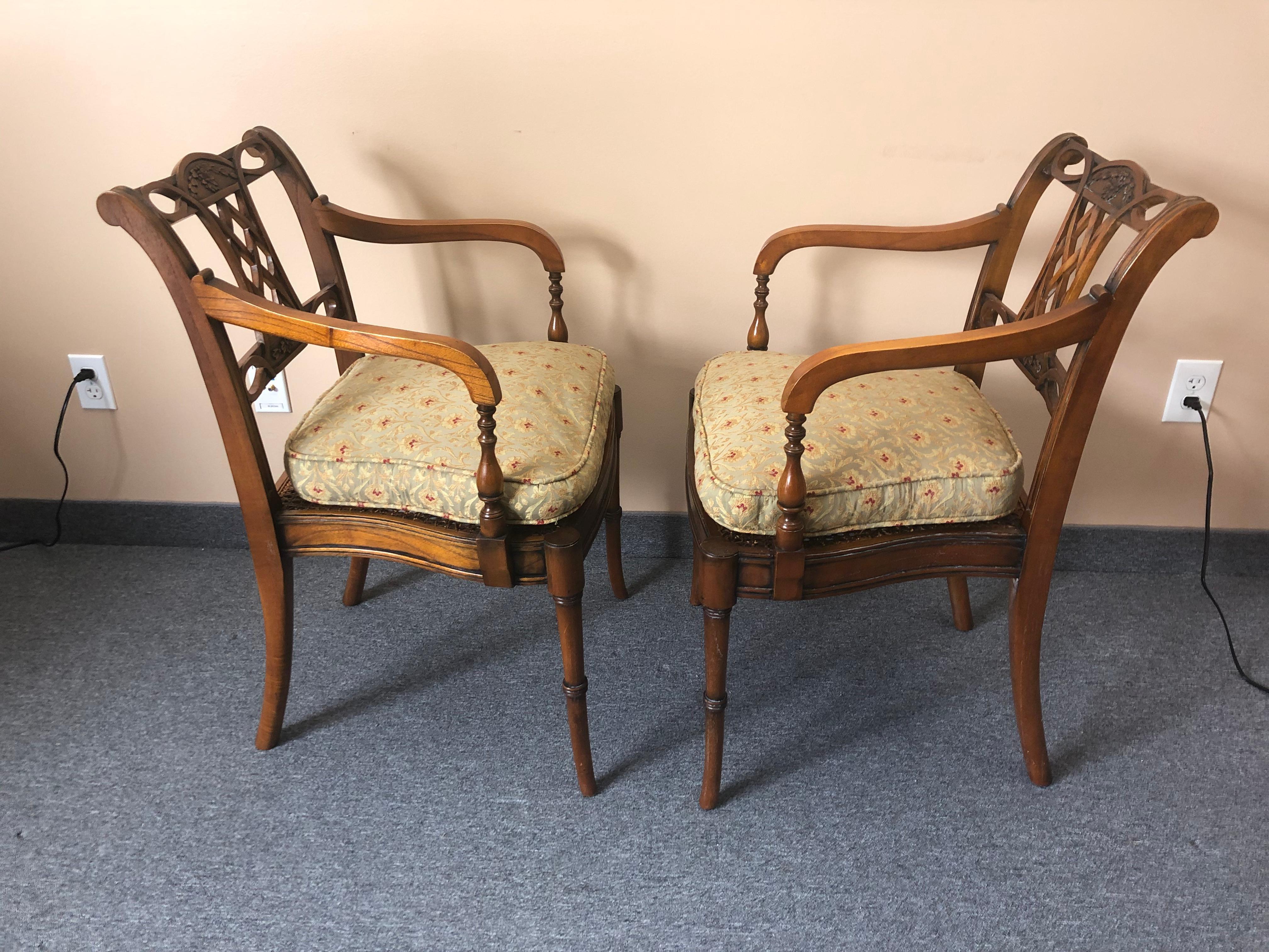 Refined Pair of Maitland Smith Mahogany Armchairs with Caned Seats  In Excellent Condition For Sale In Hopewell, NJ