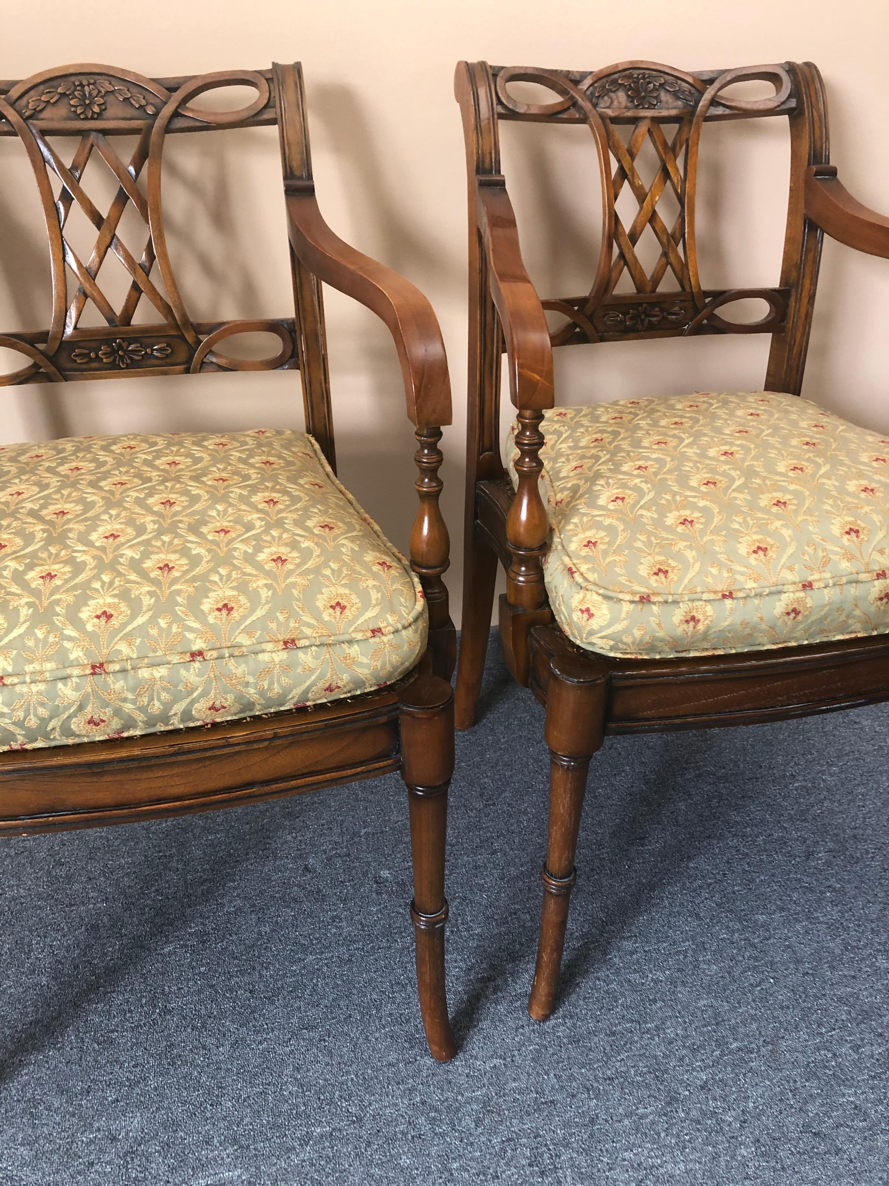 Refined Pair of Maitland Smith Mahogany Armchairs with Caned Seats  For Sale 4