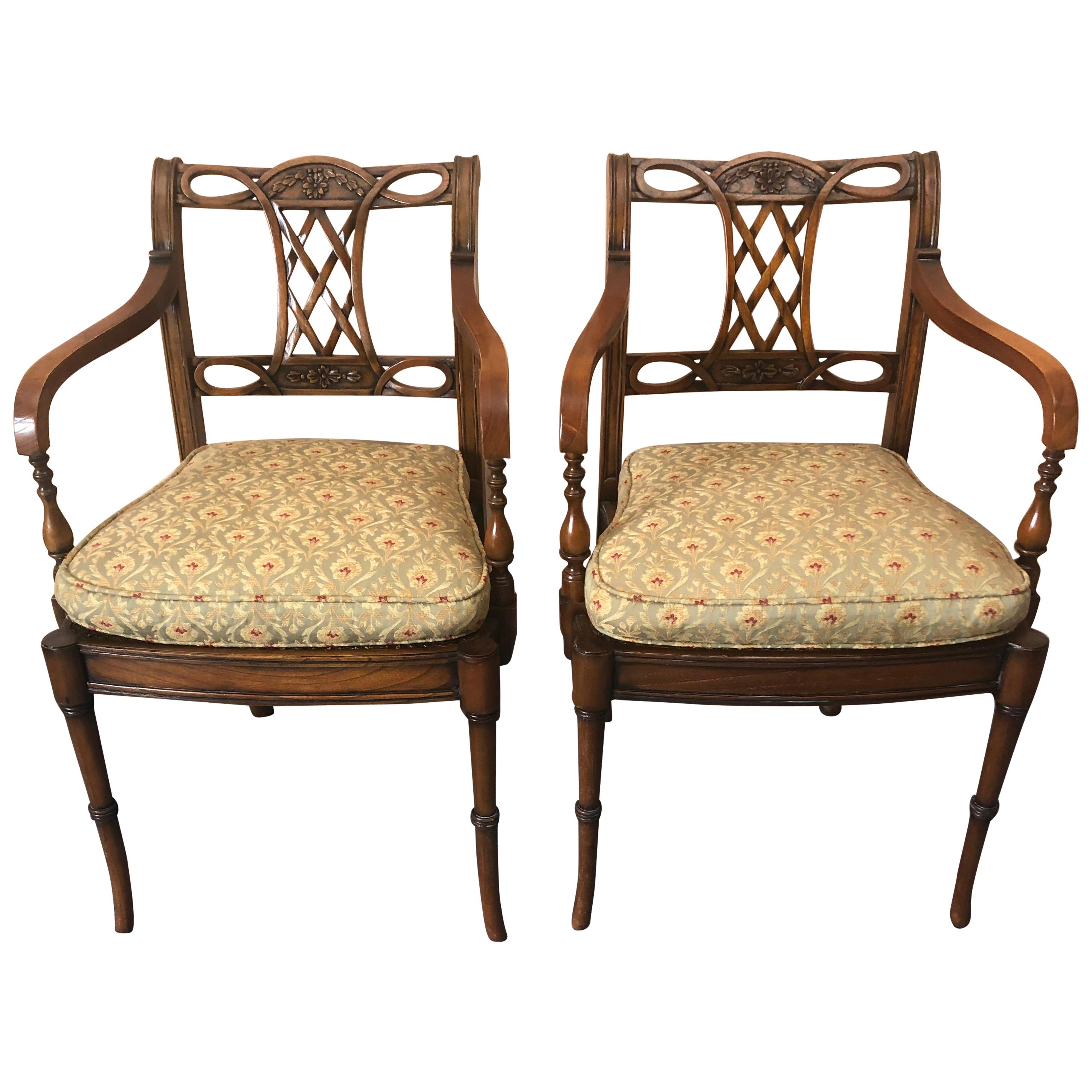 Refined Pair of Maitland Smith Mahogany Armchairs with Caned Seats  For Sale