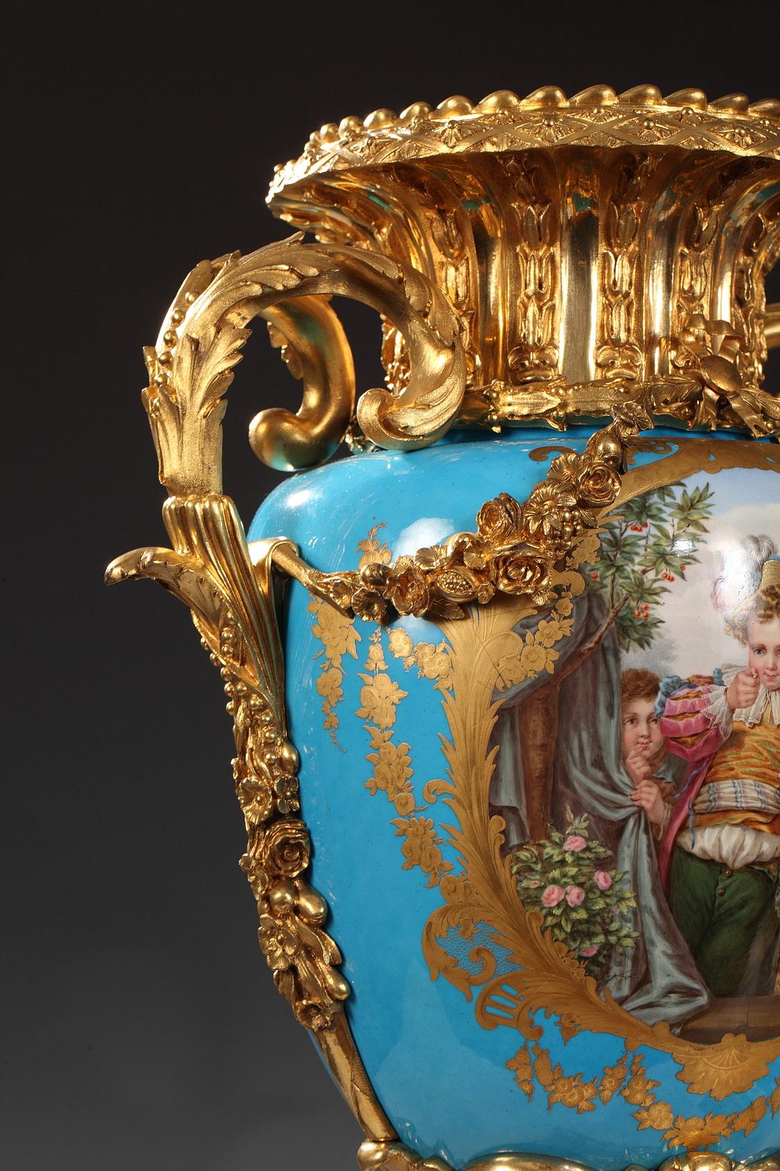 Refined Pair of Porcelain and Gilded Bronze Louis XVI Style 