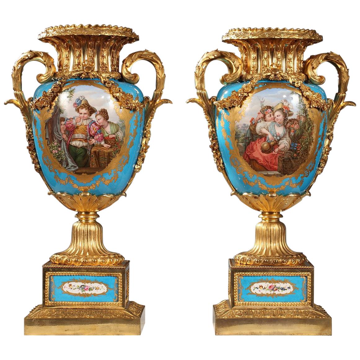 Refined Pair of Porcelain and Gilded Bronze Louis XVI Style "Sèvres" Vases