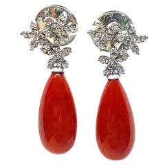 Refined Pendant Earrings with Mediterranean Red Coral Drops and Diamonds