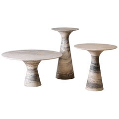 Refined Set of 3 Travertino Silver Contemporary Marble Side Tables