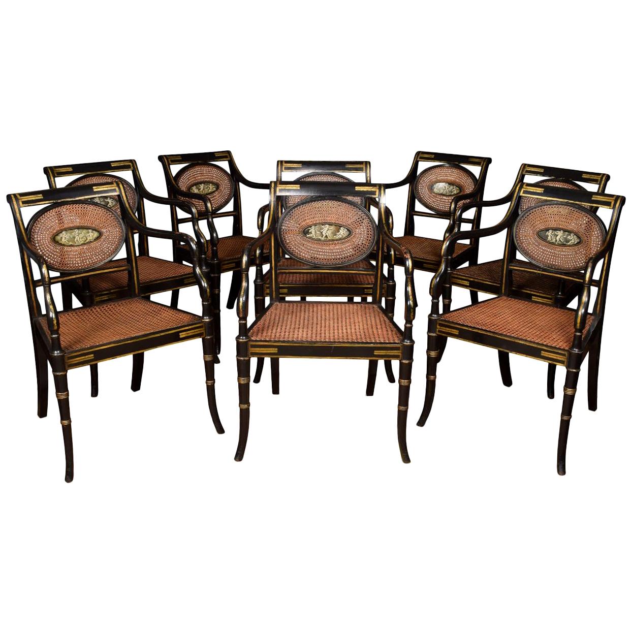 Refined Set of Eight English Regency Cane Armchairs