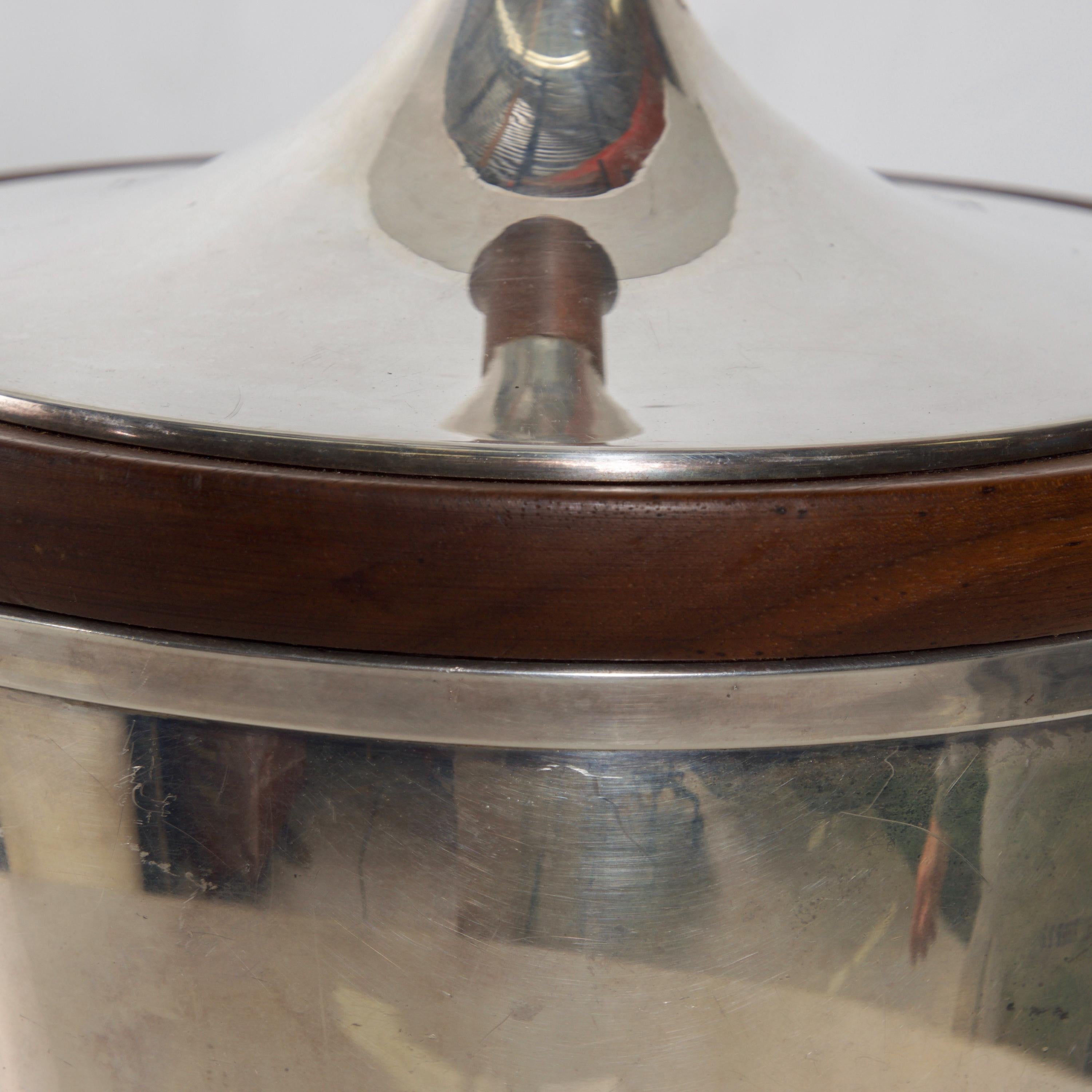 American Refined Silver Ice Bucket Modern Walnut Wood Trim by International, 1960s