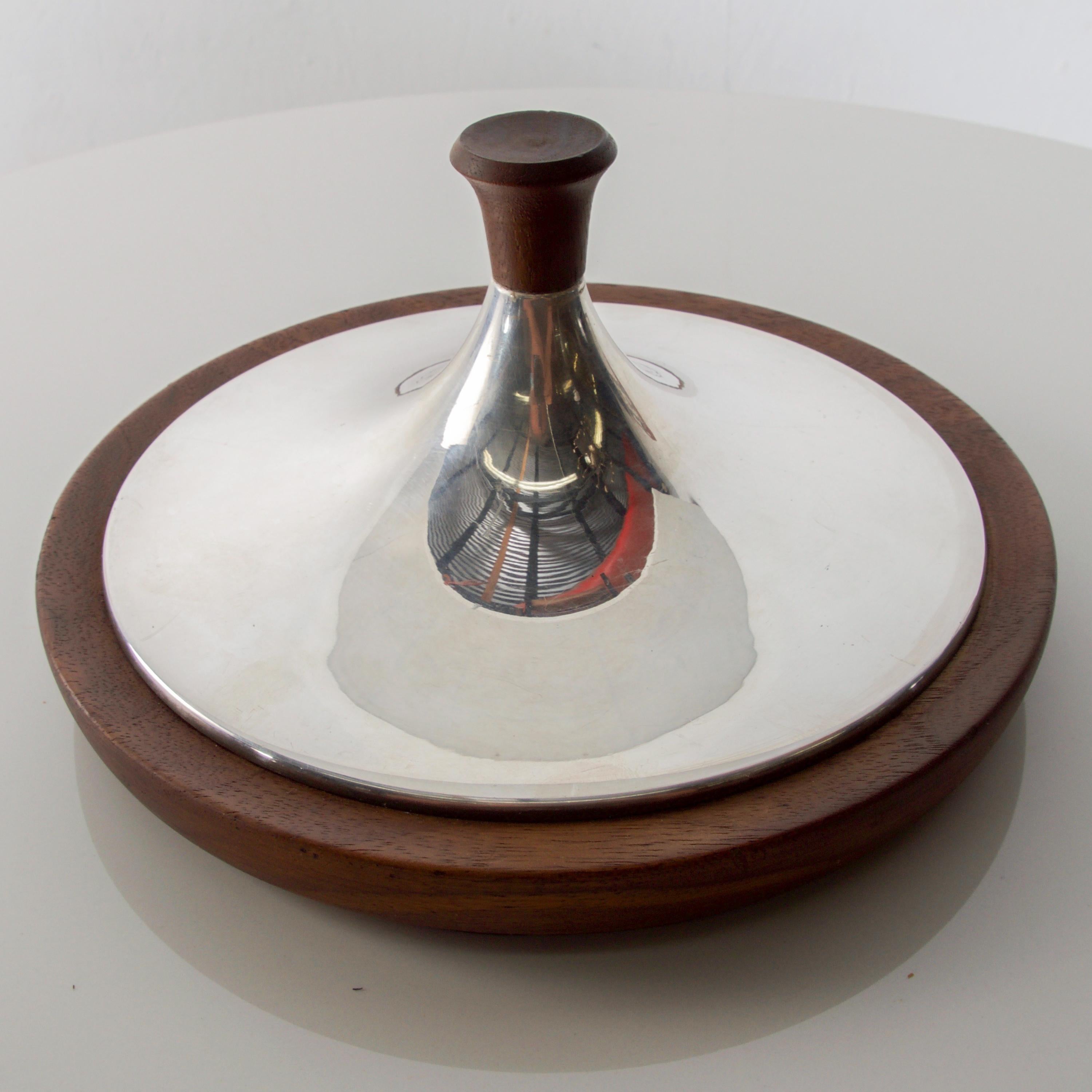 Refined Silver Ice Bucket Modern Walnut Wood Trim by International, 1960s 1