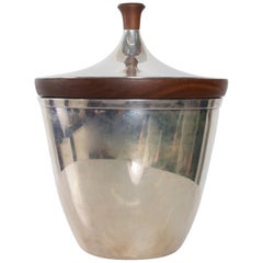 Refined Silver Ice Bucket Modern Walnut Wood Trim by International, 1960s