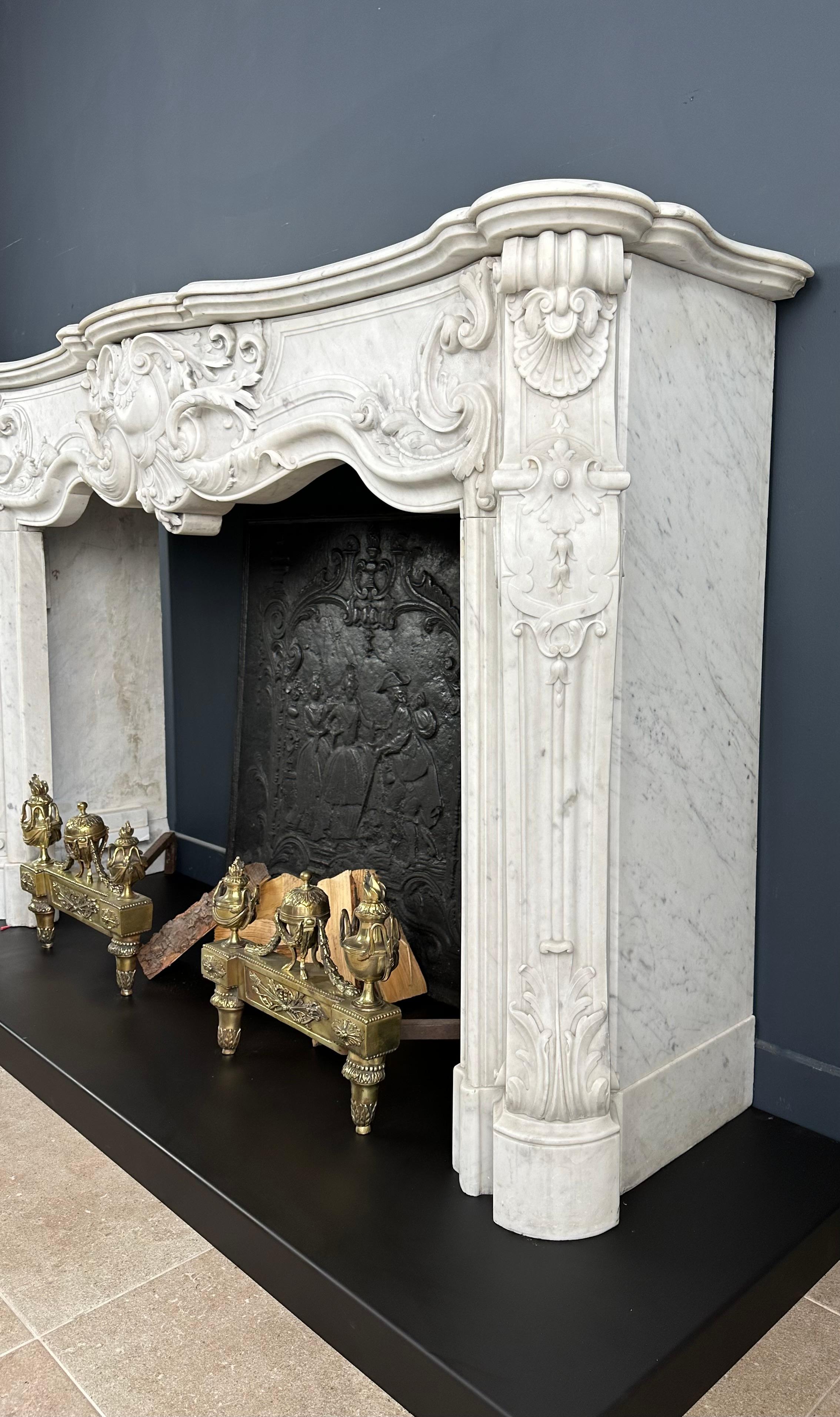 Refined Splendor: Exclusive Antique Louis XV Carrara White Marble Fireplace For Sale 5
