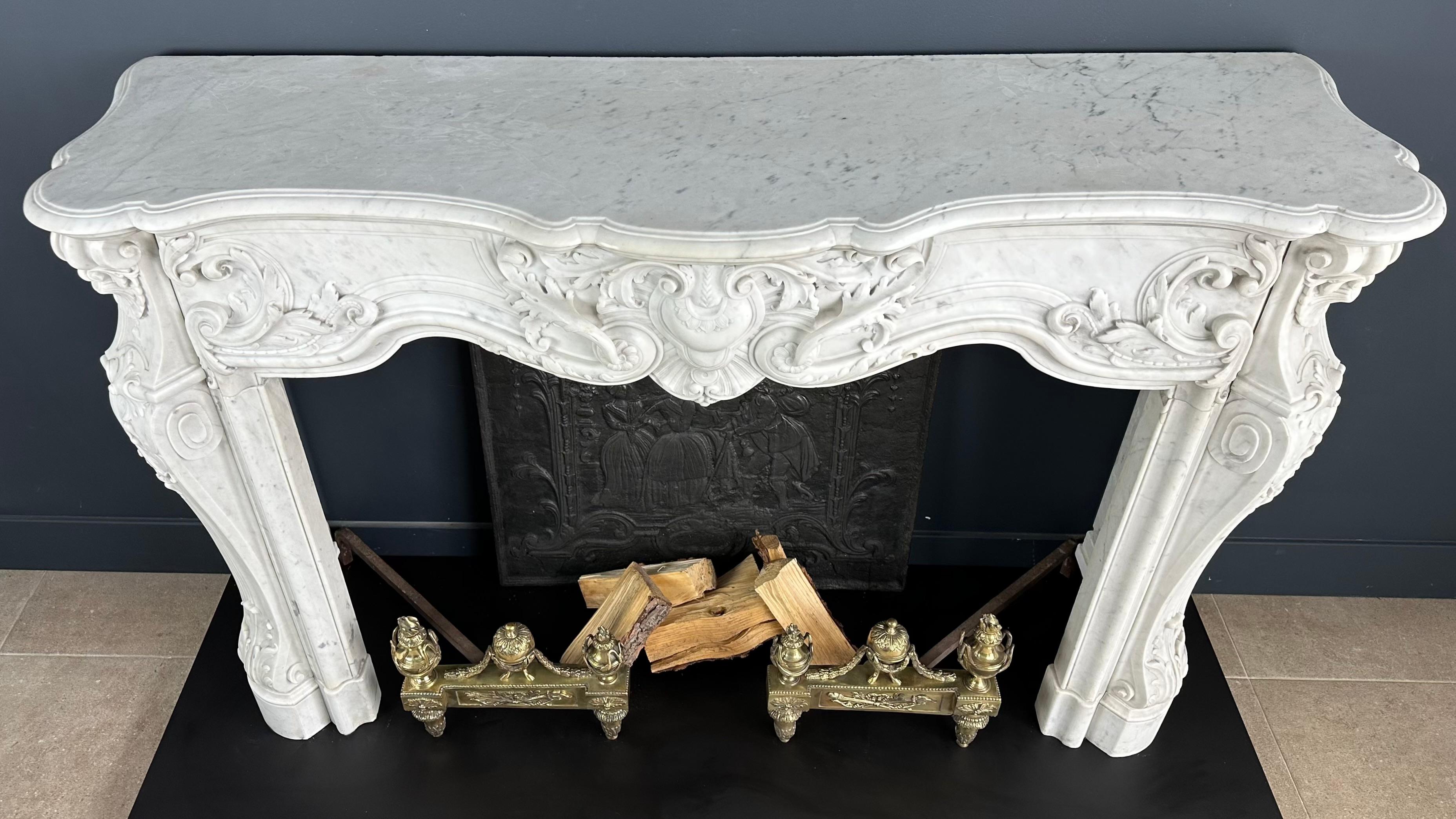 Art Deco Refined Splendor: Exclusive Antique Louis XV Carrara White Marble Fireplace For Sale