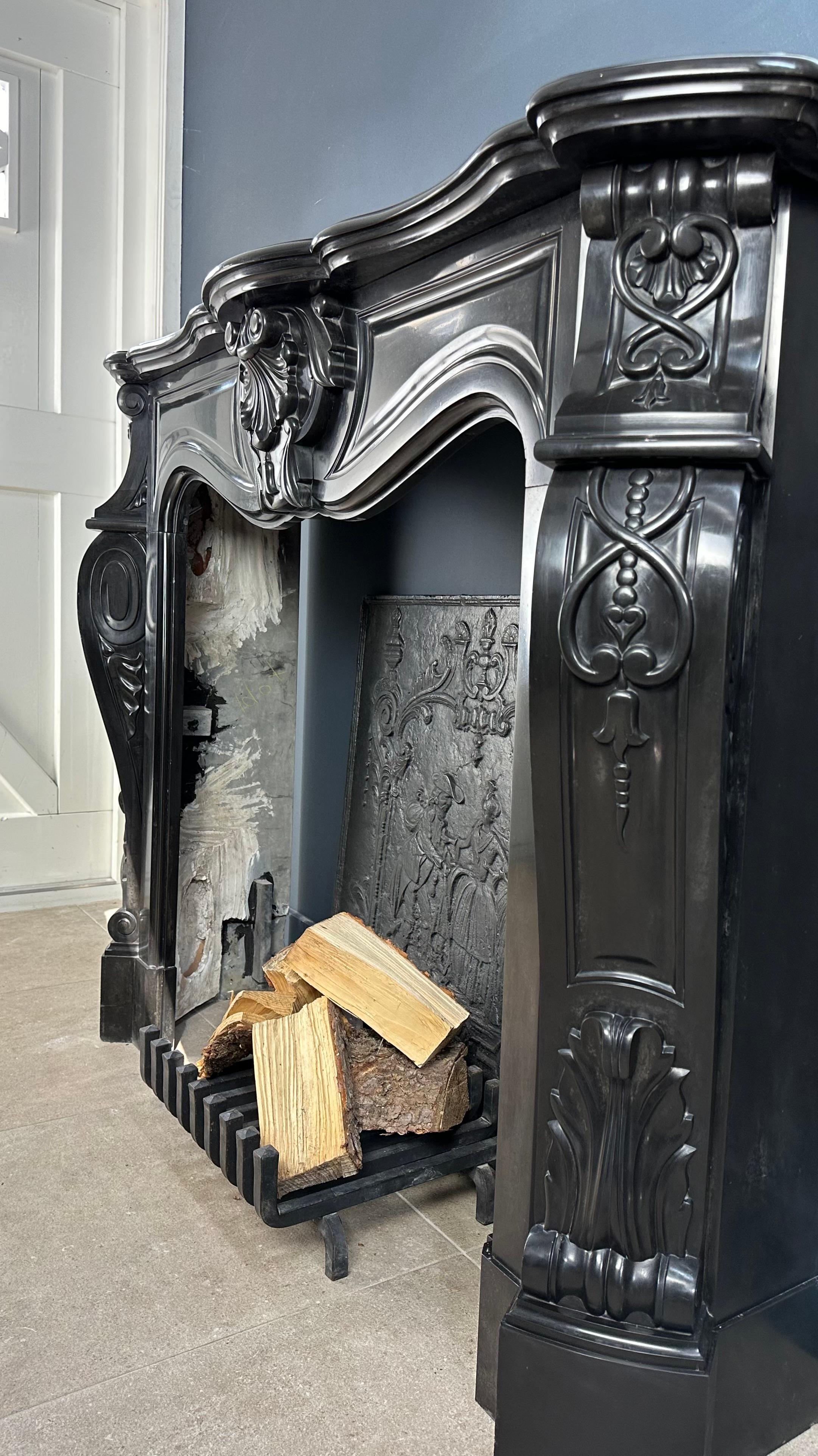 Refined Splendor: Louis XV Style Noir de Mazy Antique Marble Front Fireplace For Sale 5