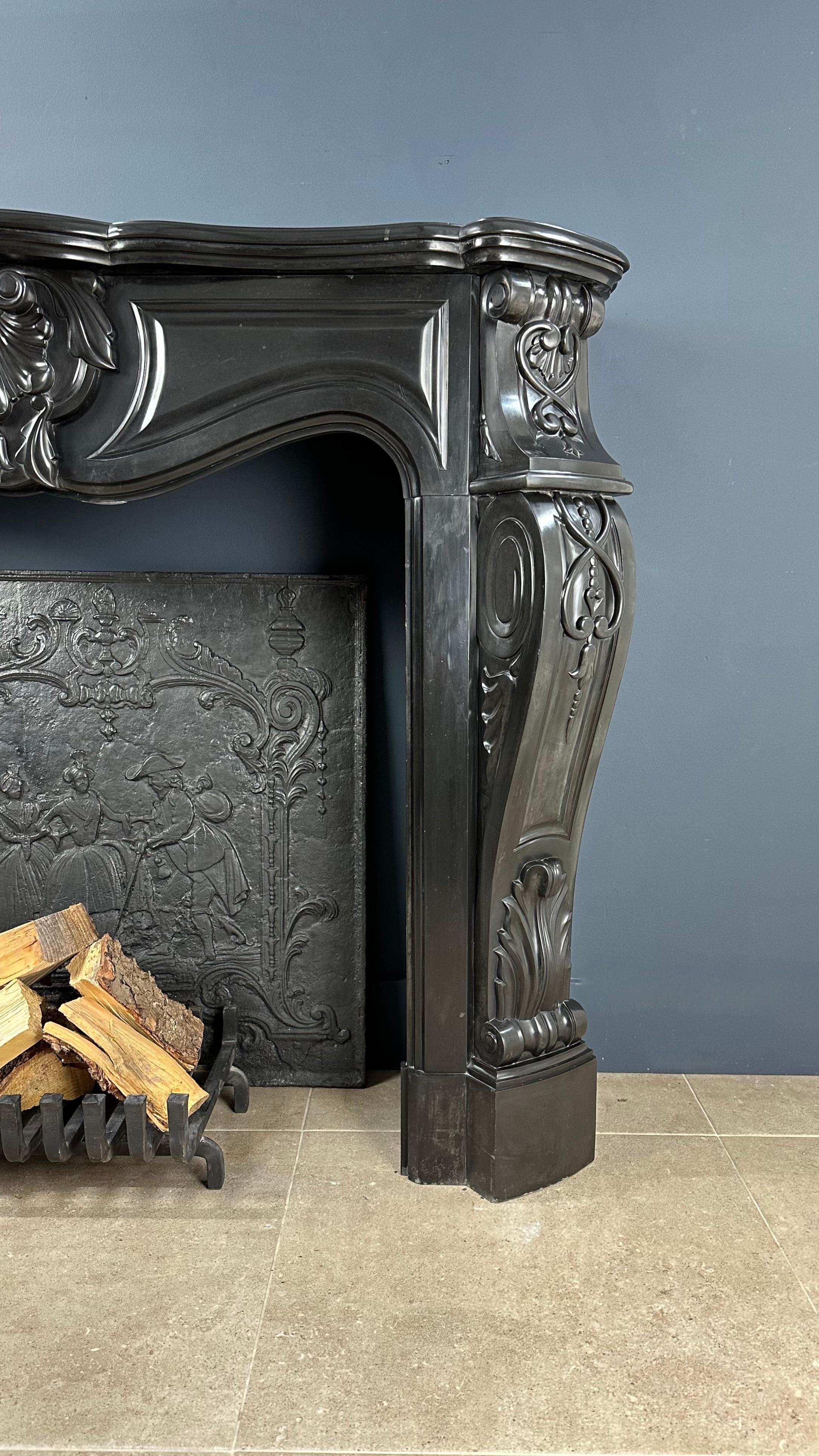 Refined Splendor: Louis XV Style Noir de Mazy Antique Marble Front Fireplace For Sale 10