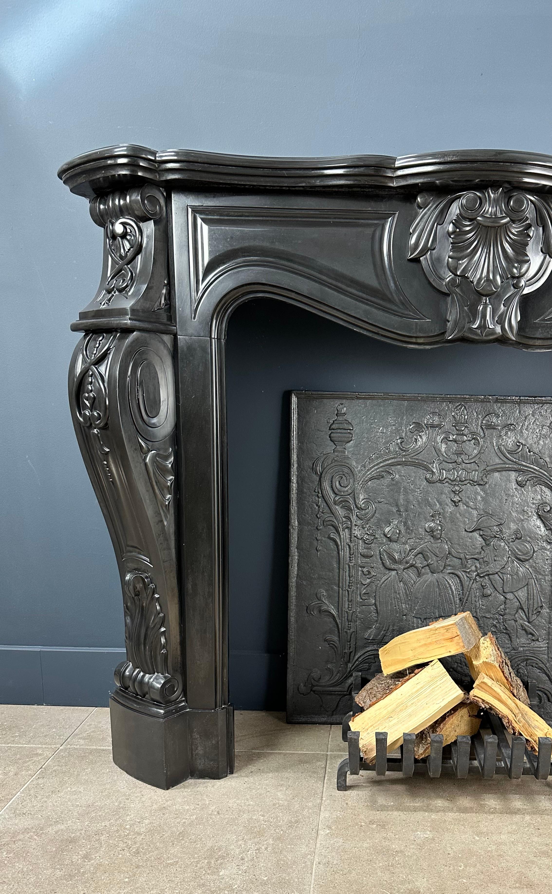 Refined Splendor: Louis XV Style Noir de Mazy Antique Marble Front Fireplace For Sale 11