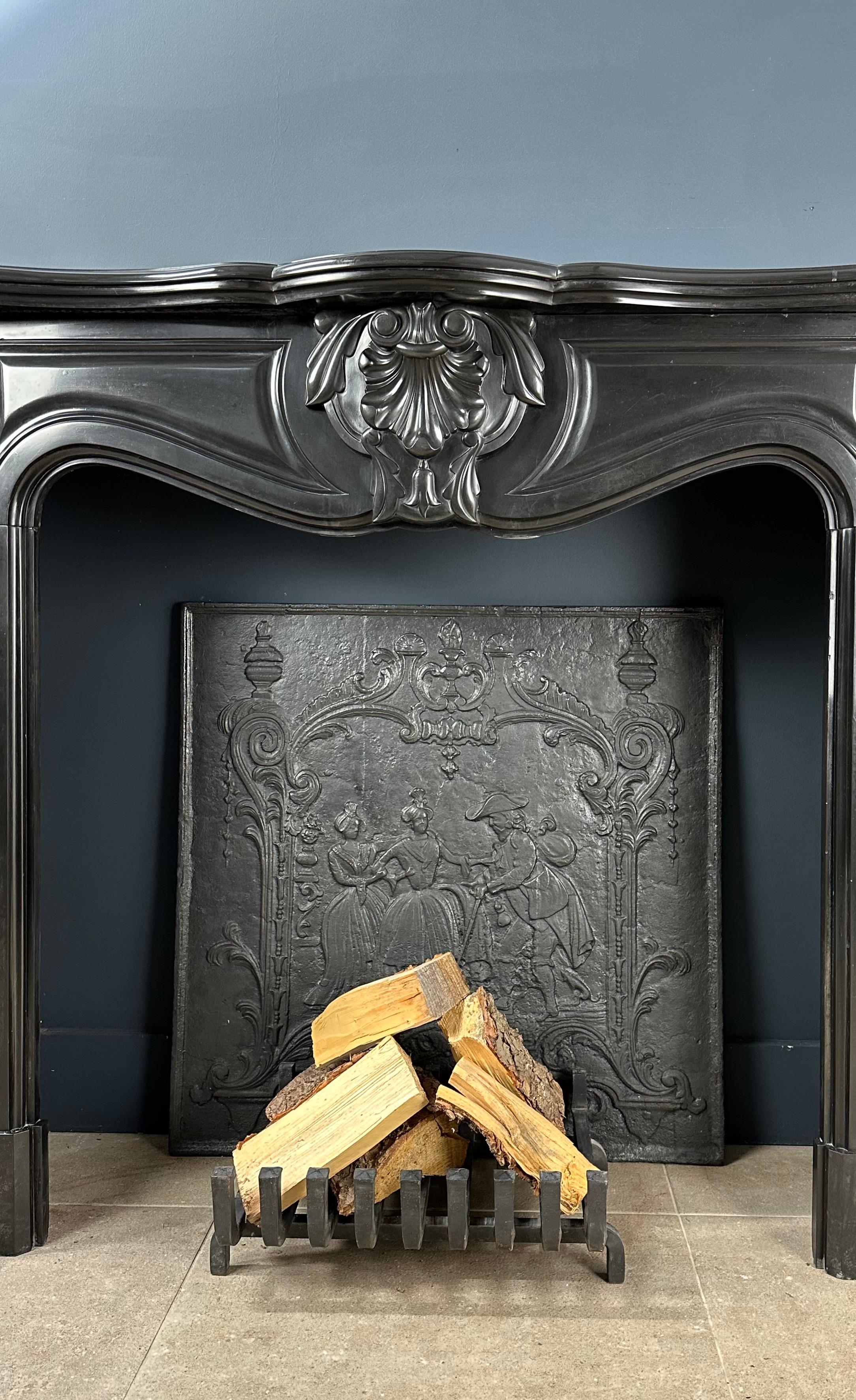 Refined Splendor: Louis XV Style Noir de Mazy Antique Marble Front Fireplace For Sale 12