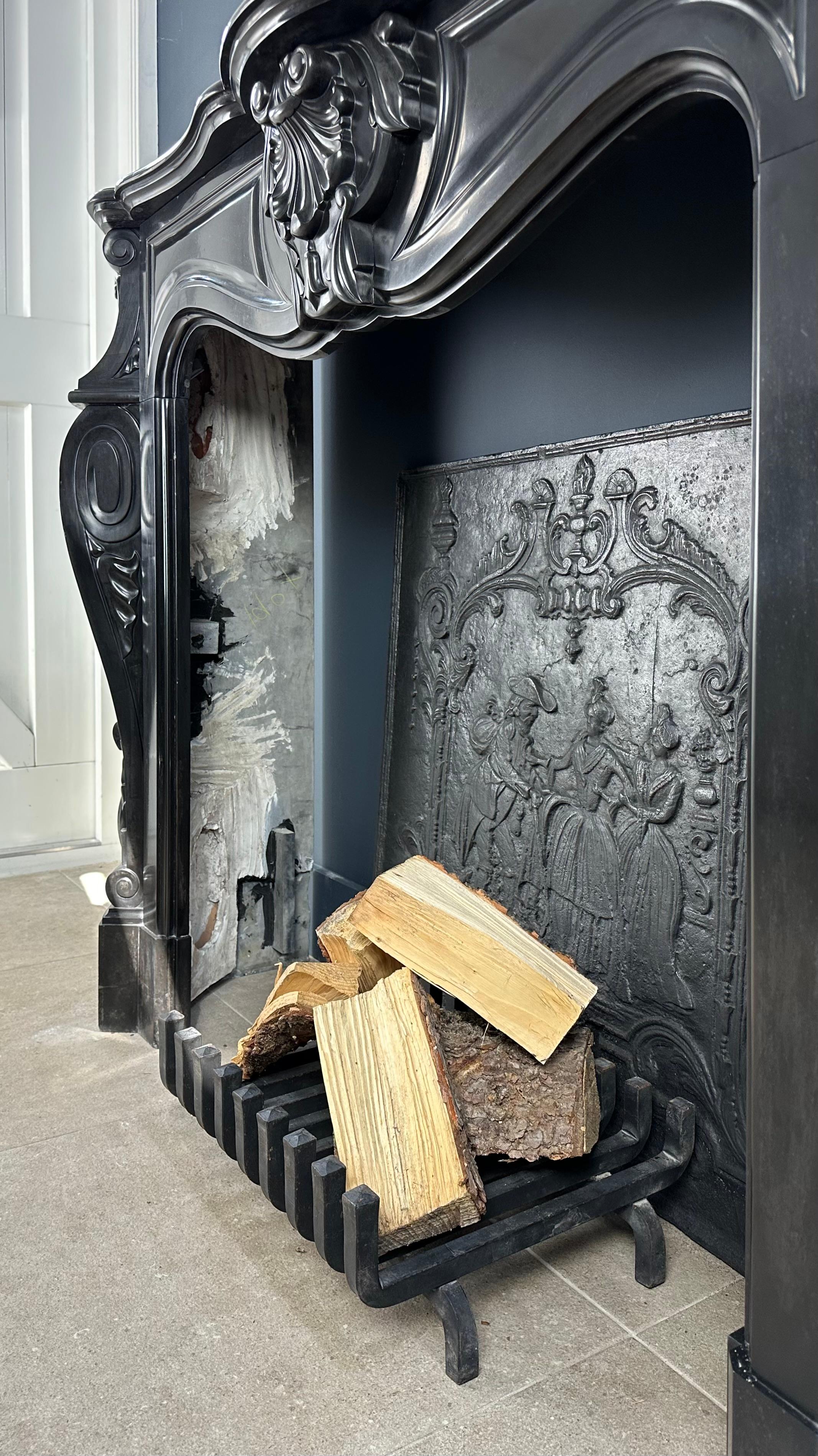 Refined Splendor: Louis XV Style Noir de Mazy Antique Marble Front Fireplace In Good Condition For Sale In Oostvoorne, NL