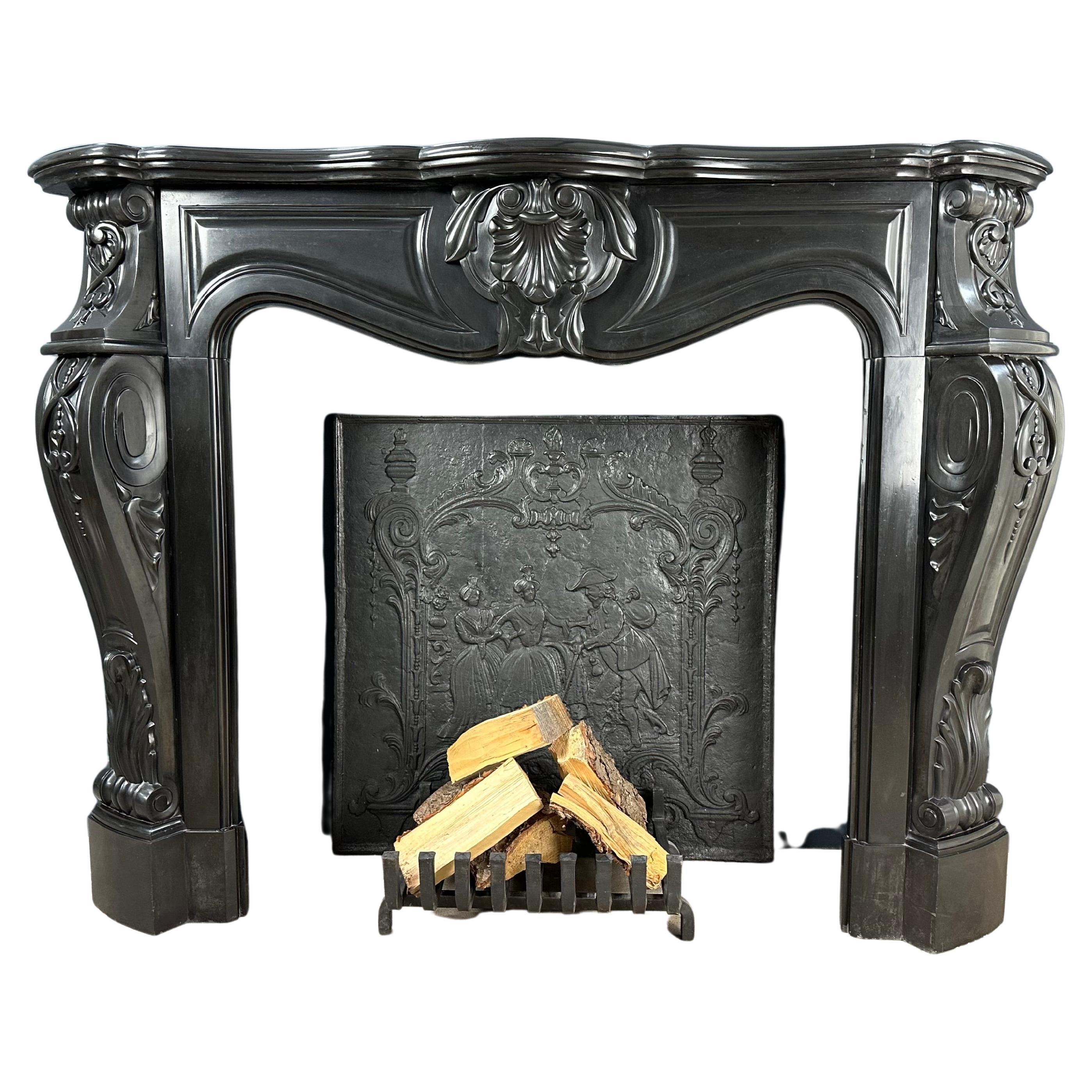 Refined Splendor: Louis XV Style Noir de Mazy Antique Marble Front Fireplace For Sale