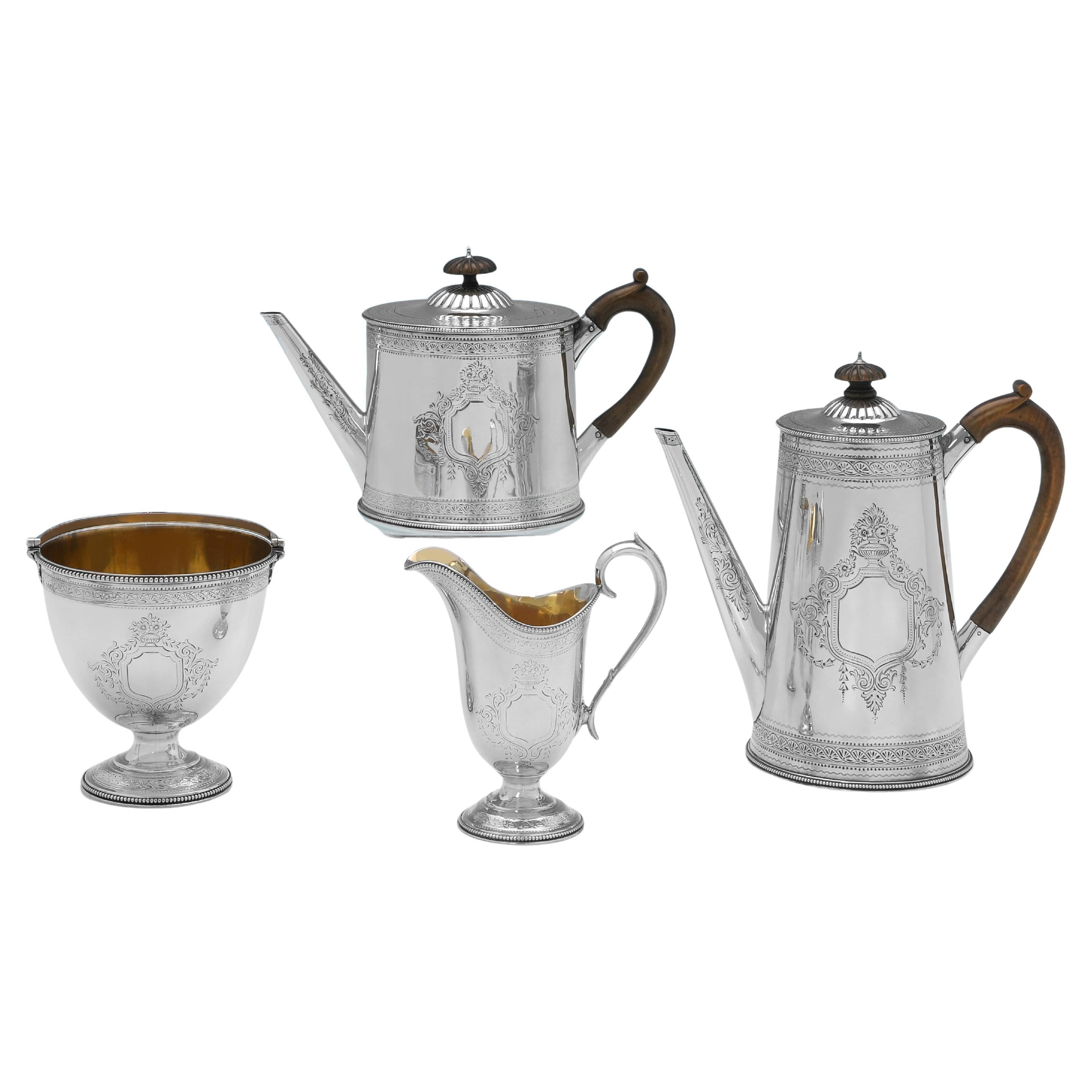 Refined Victorian Sterling Silver Neoclassical Tea Set by W. 
J. Barnard, 1887 For Sale